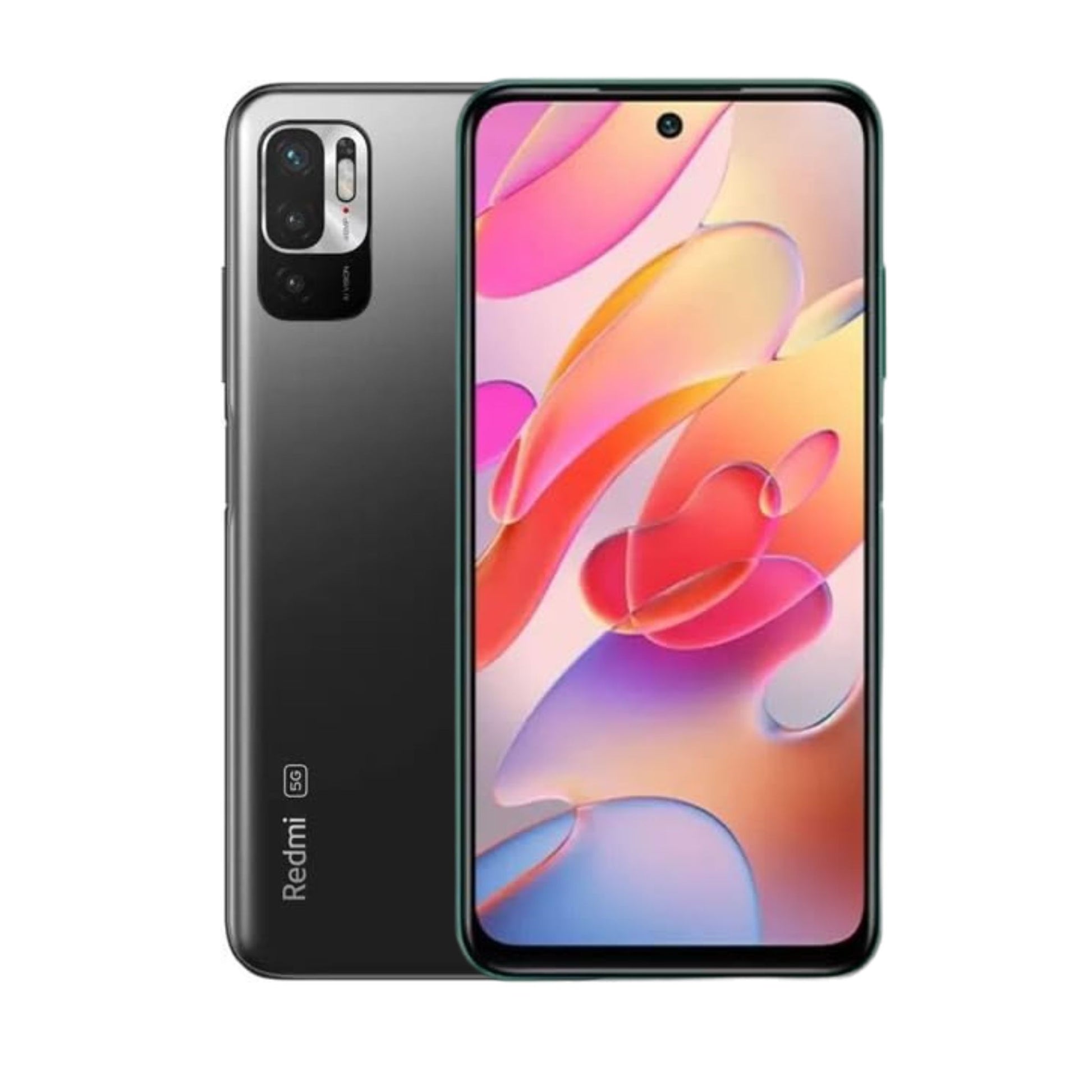A Redmi Note 10 smartphone showing the front screen display and dual rear cameras, in a black color casing.
