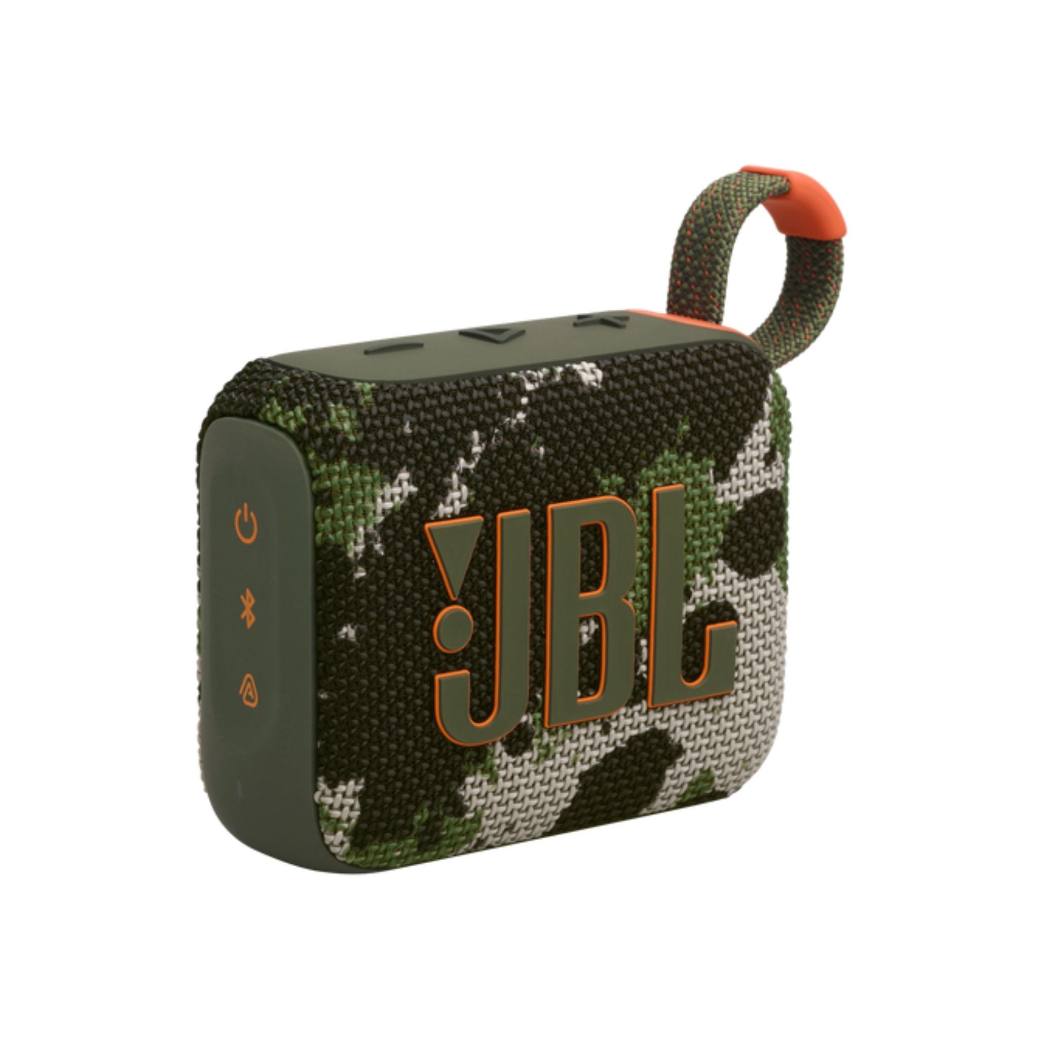 A JBL Go4 portable waterproof speaker with a camouflage pattern in green, black, and orange colors, featuring a carrying strap and control buttons.
