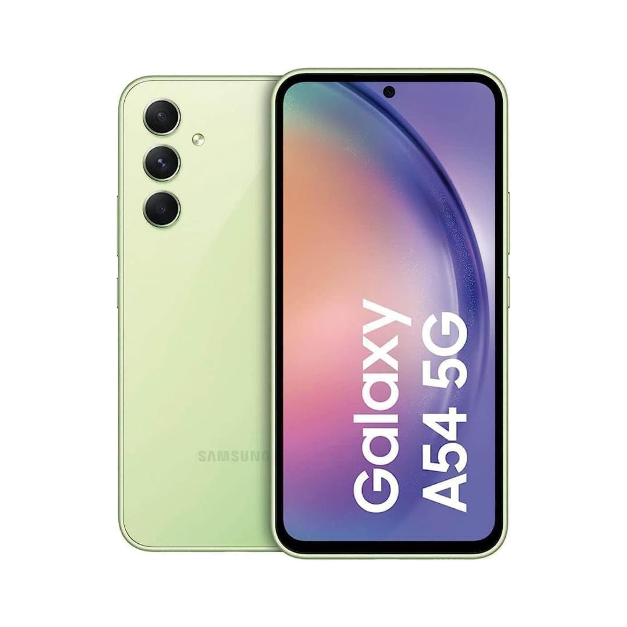Samsung Galaxy A54 smartphone in Awesome Lime green color with a visible dual-camera system on the back and a prominent 'GALAXY 5G' branding on the front screen.
