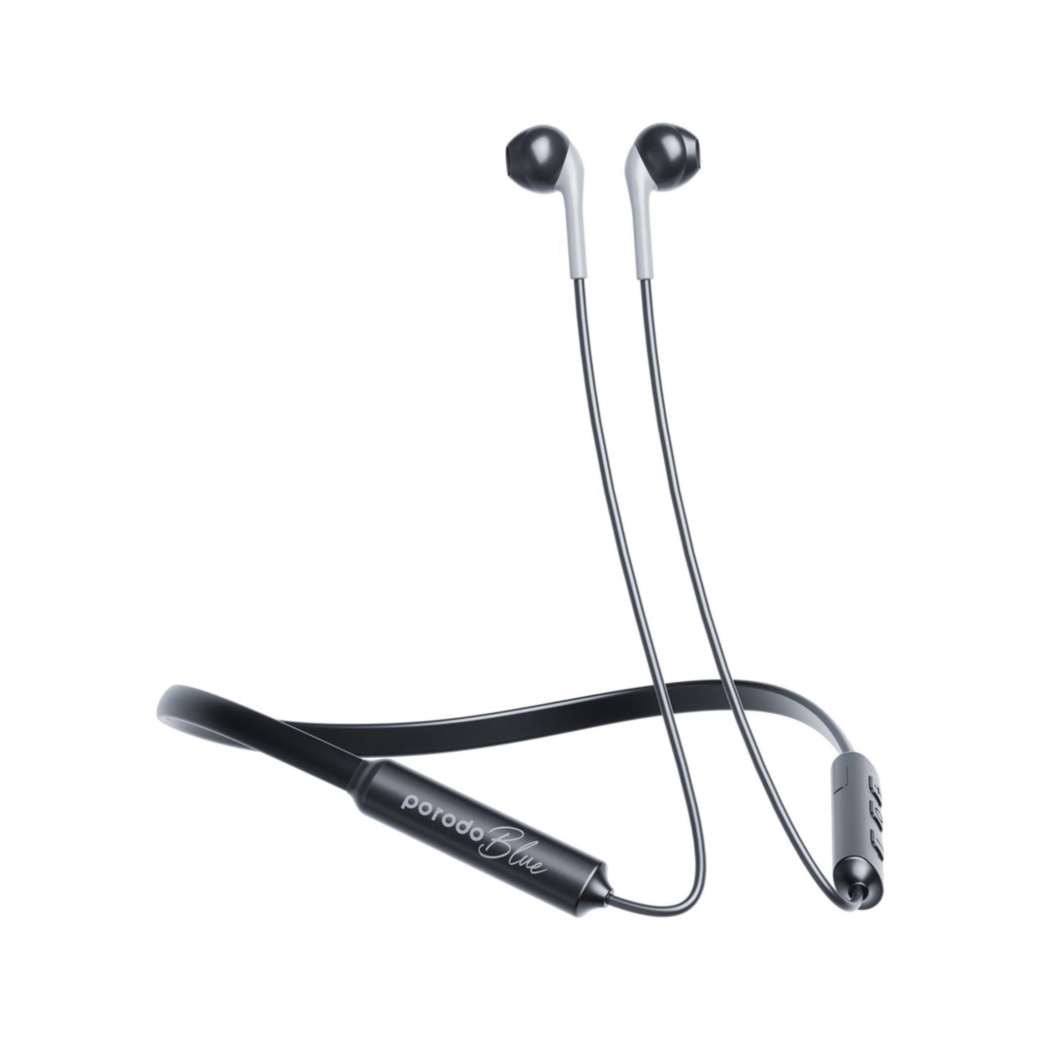 Porodo ENC Neckband Apple Buds Earphones in black color with a neckband around the neck and in-ear design.
