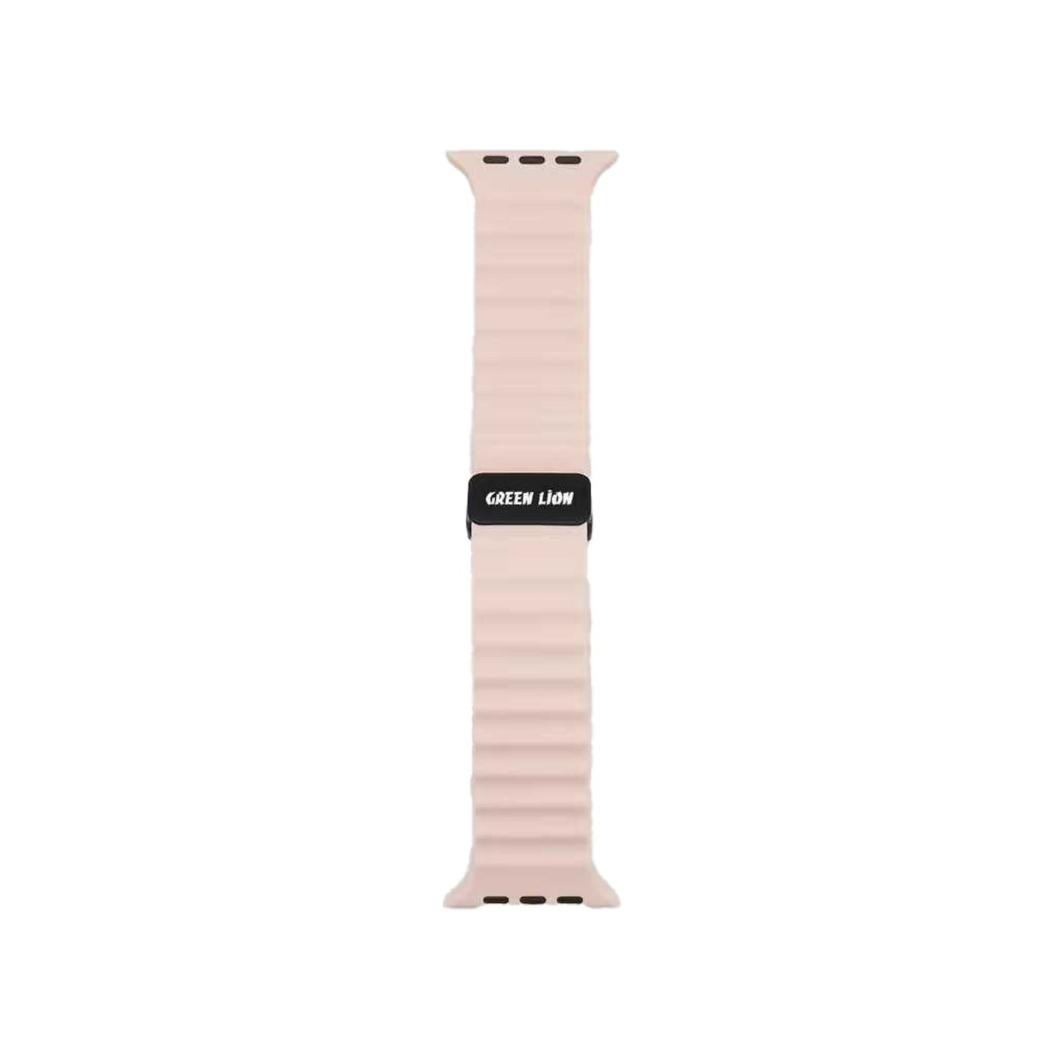 Pink textured watch band with black clasp on a white background