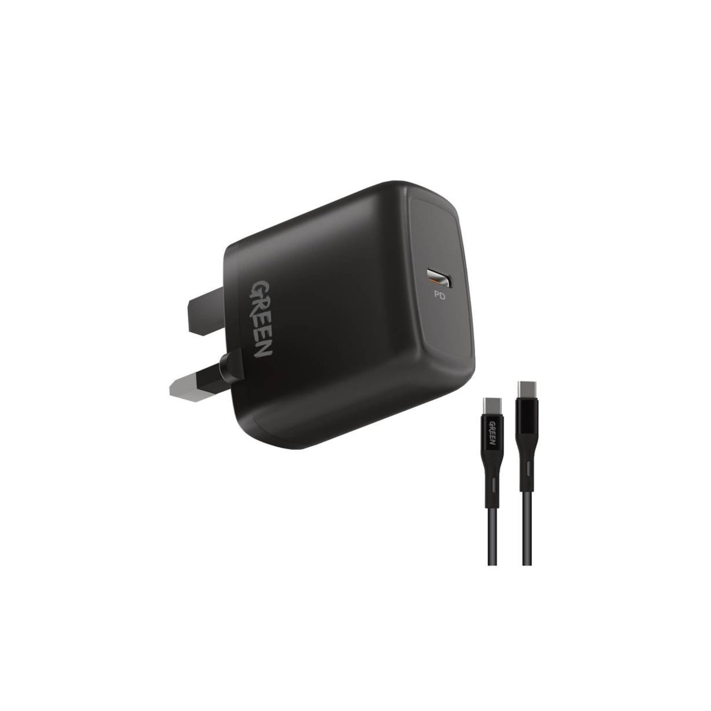 Green Lion Type-C Port Wall Charger 20W UK with PVC Type-C to Type-C Cable 1.2M, Fast Charge Adapter & Cable with Over-heat Protection - Black