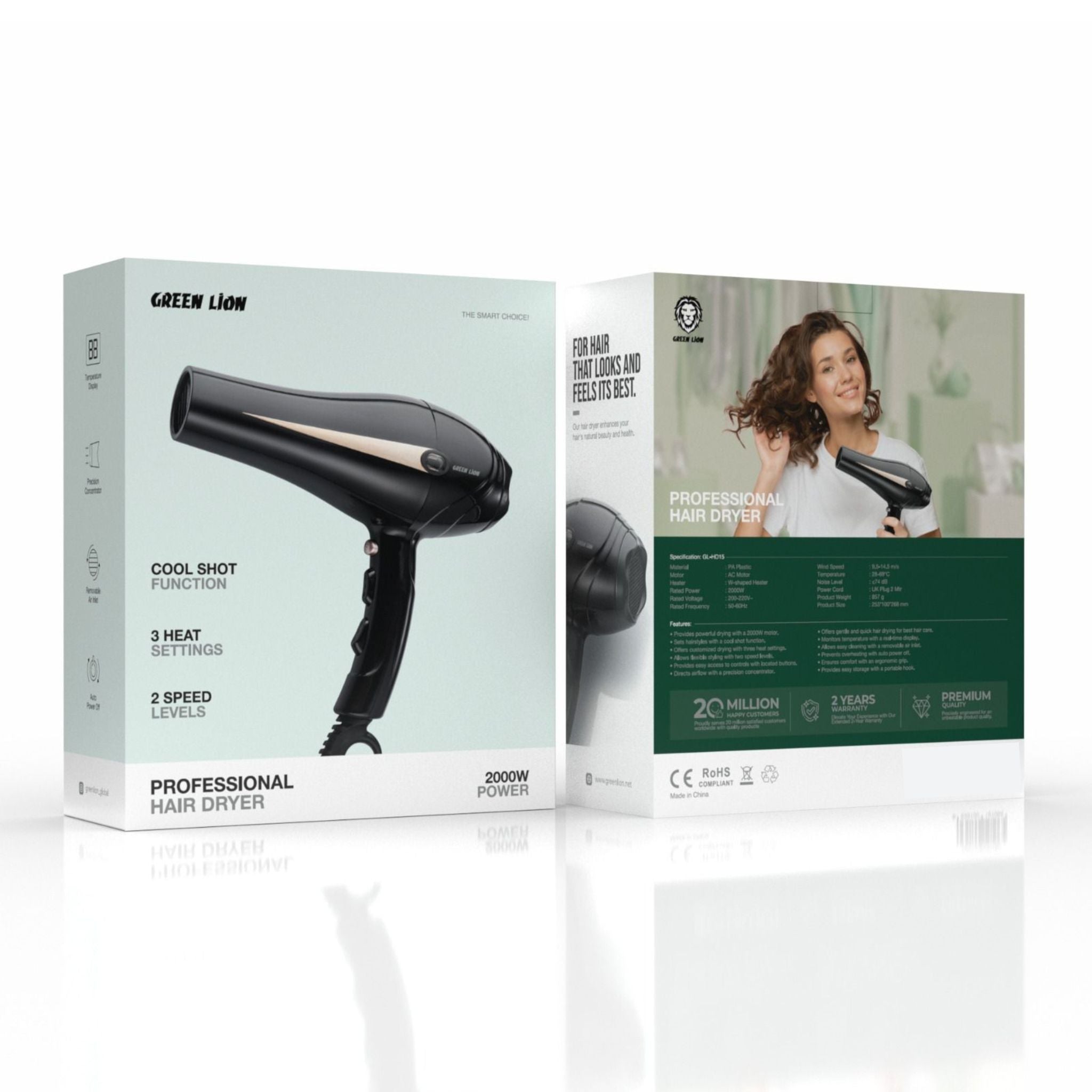 Green Lion Professional Hair Dryer, 2000W Rated Power, 28-69°C Temperature, Precision Concentrator, Removable Air Inlet - Black