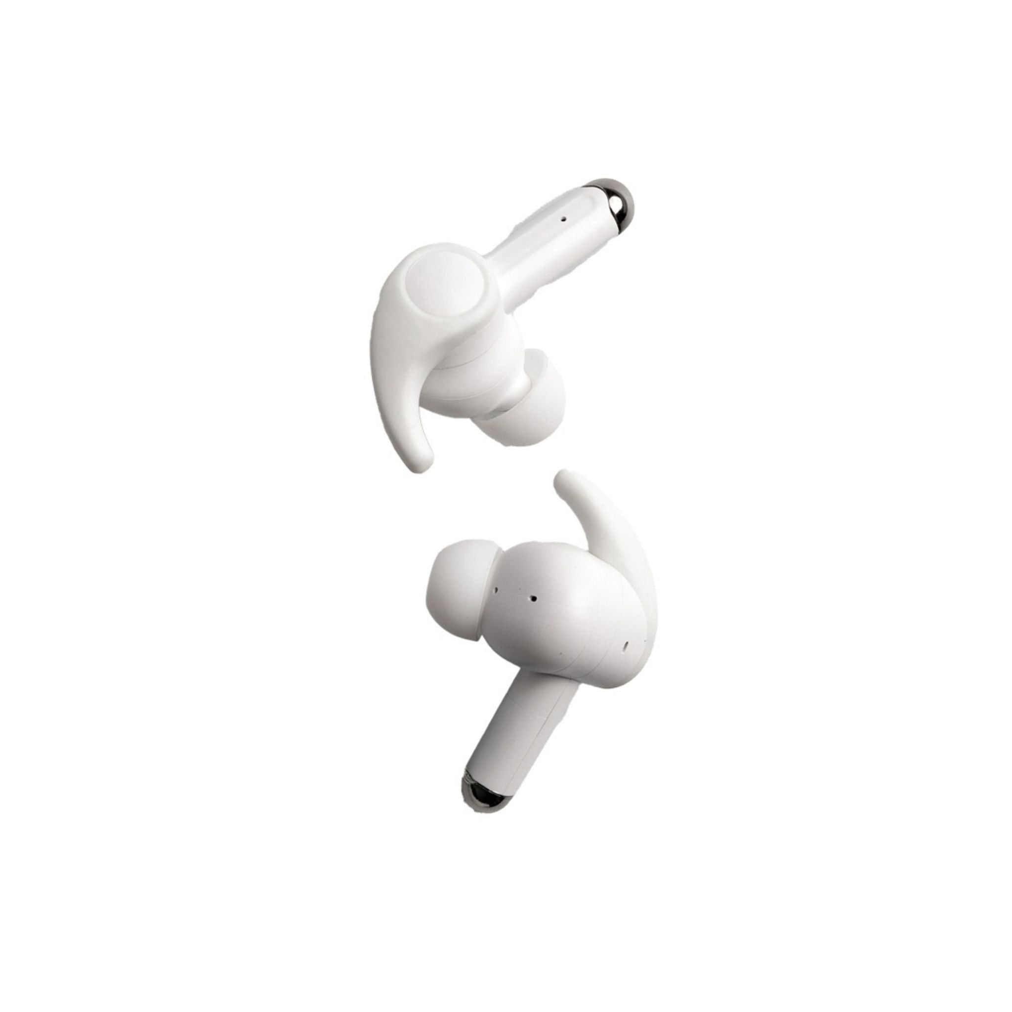 A pair of white wireless earbuds with a charging case.