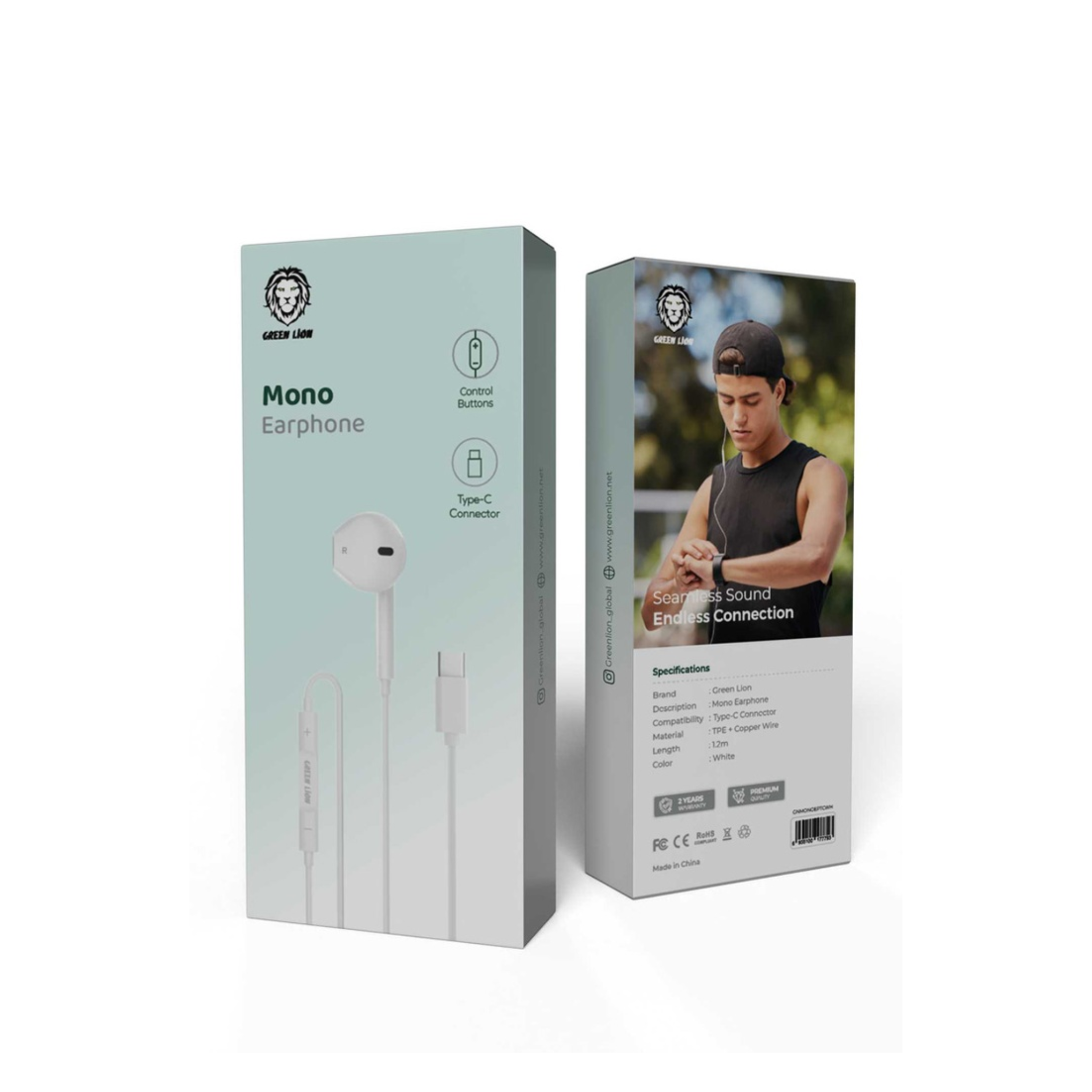Packaging of Green Lion Mono Earphones with Type-C Connector in white color, featuring the earphones and their box with brand and product information.