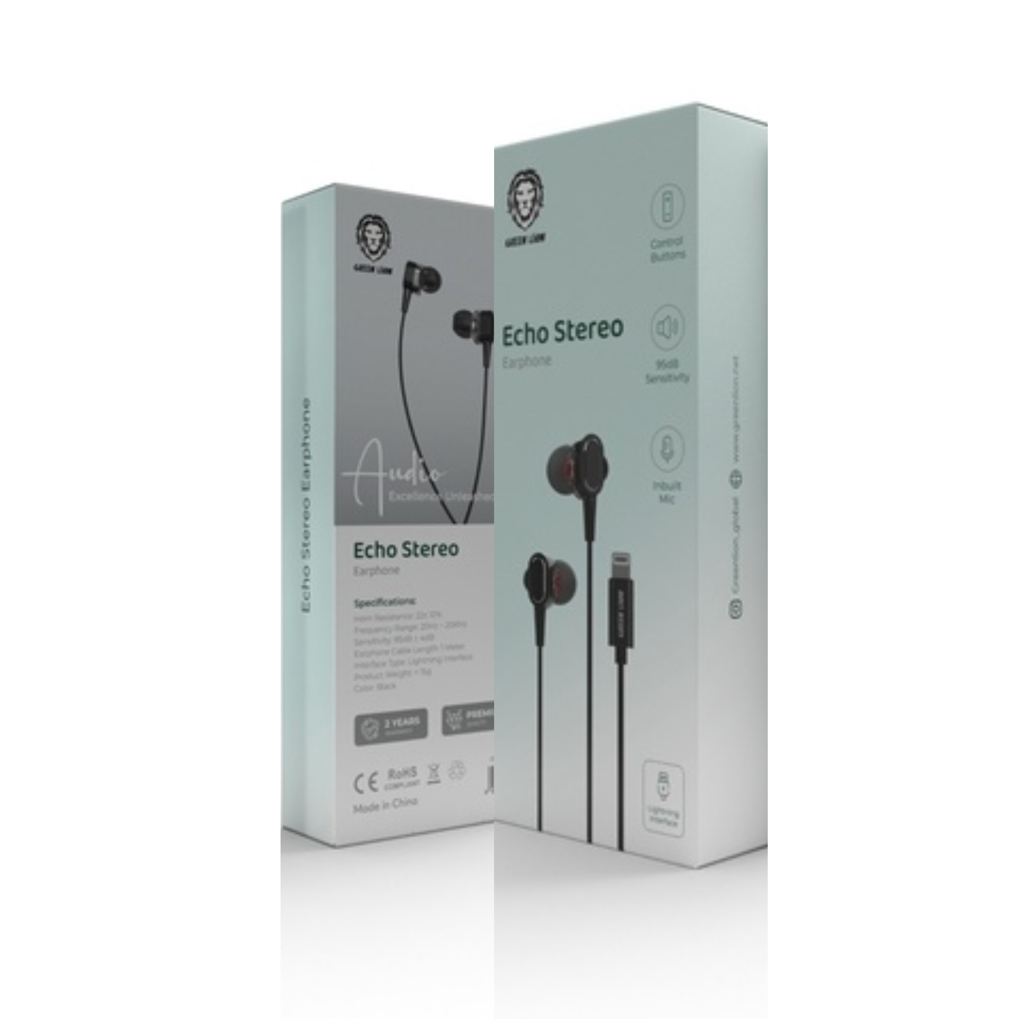 Packaging for Green Lion Echo Stereo Earphones with Lightning Interface in black color. The image shows the box with earphones, brand, and product details.