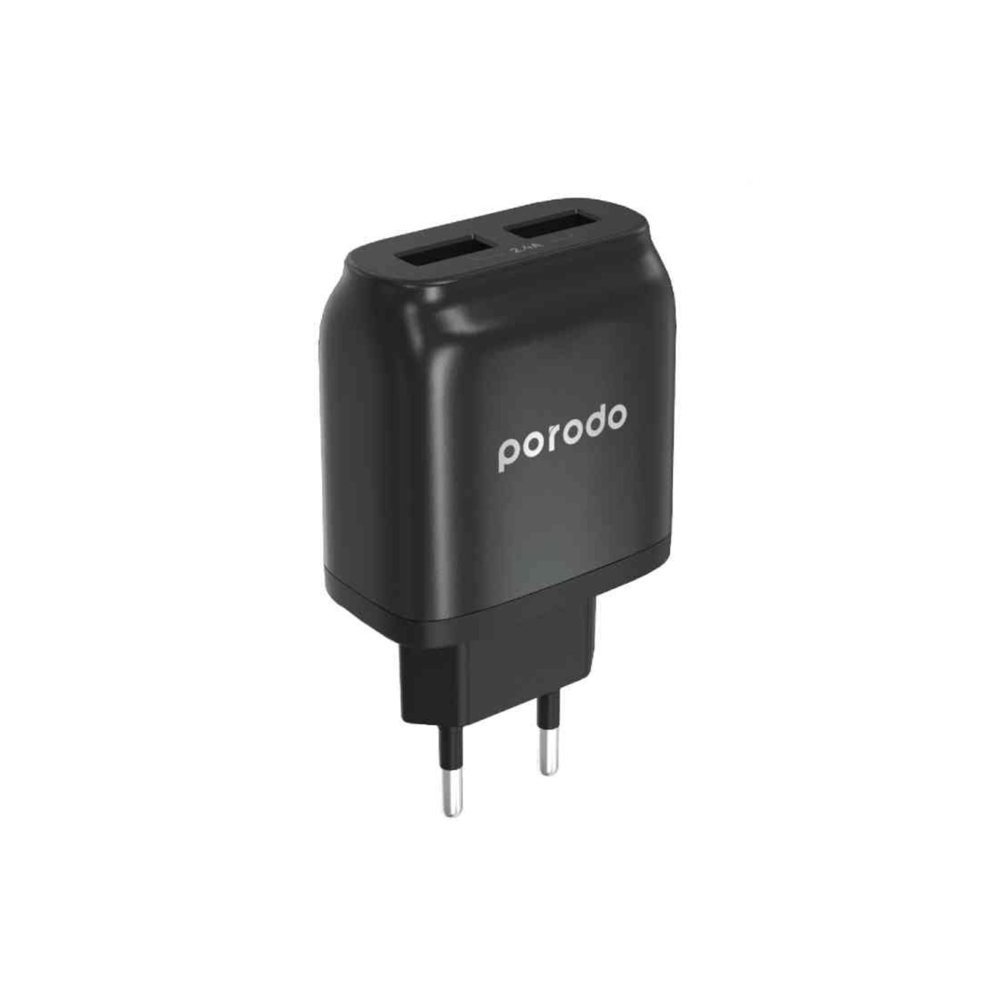 A black Porodo dual USB wall charger with a 2.4A EU 2Pin plug.