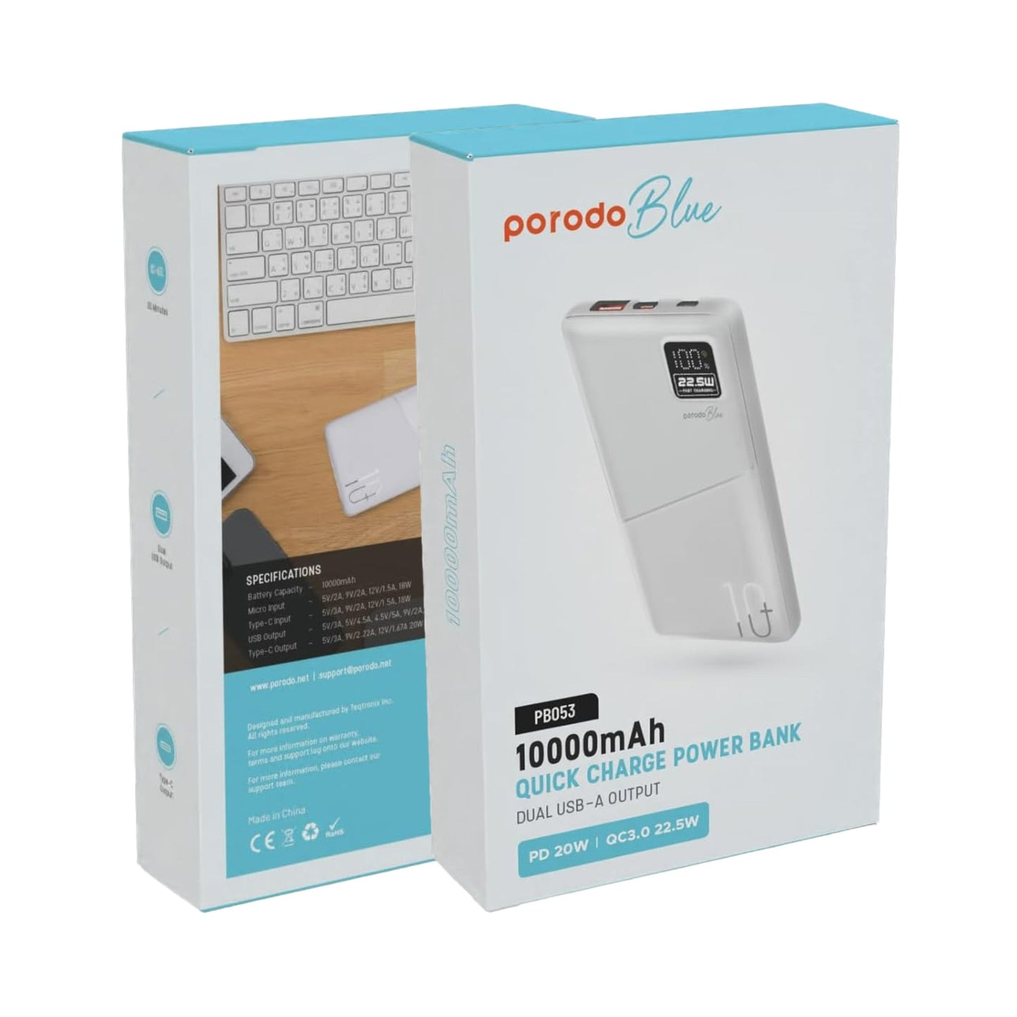 Porodo Blue Quick Charge Power Bank with USB-A & USB-C Outputs, 10000mAh Battery Capacity, Digital Display, 20W Power Delivery - White