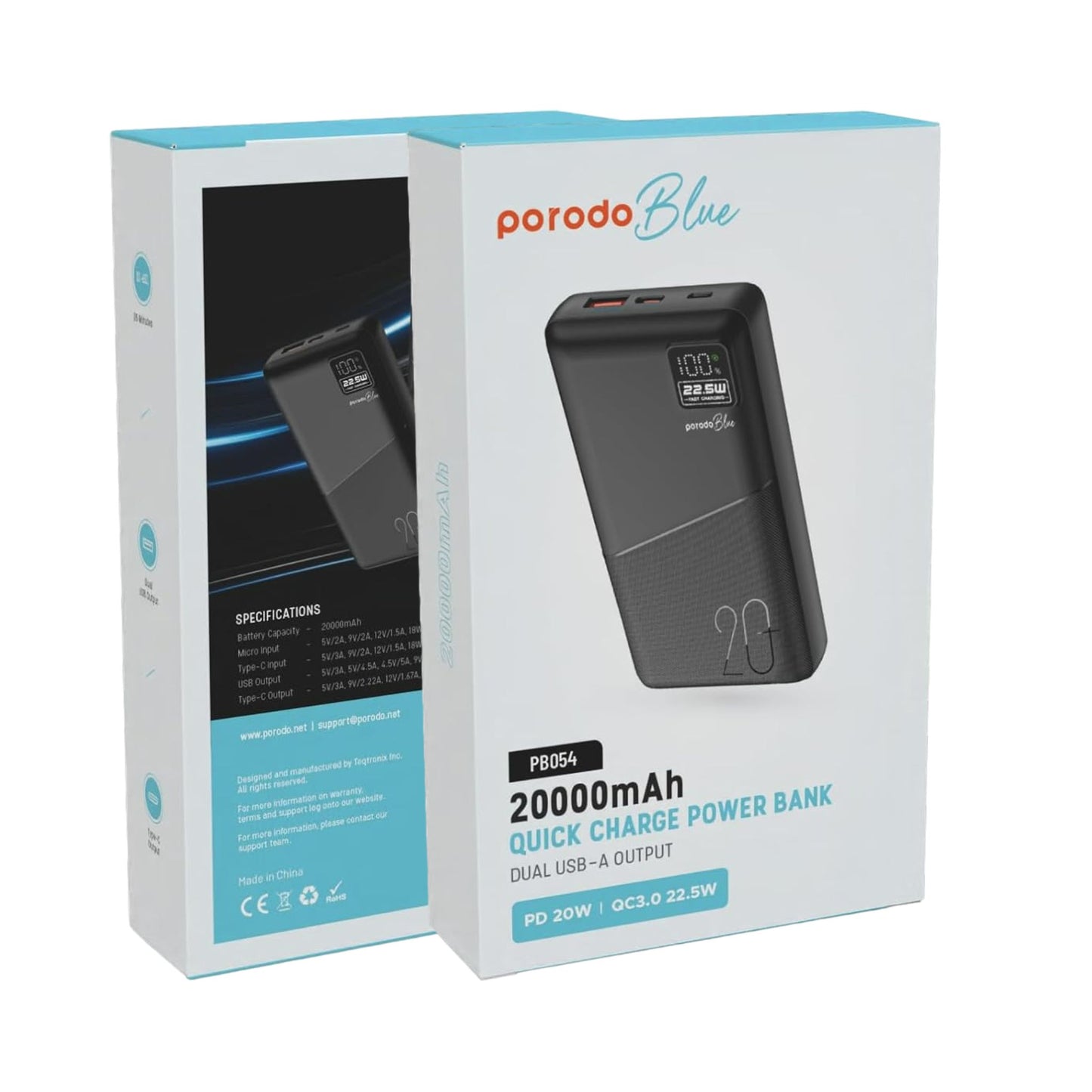 Porodo Blue 20000mAh Powerbank Type-C USB A and Micro with Digital Display_Black