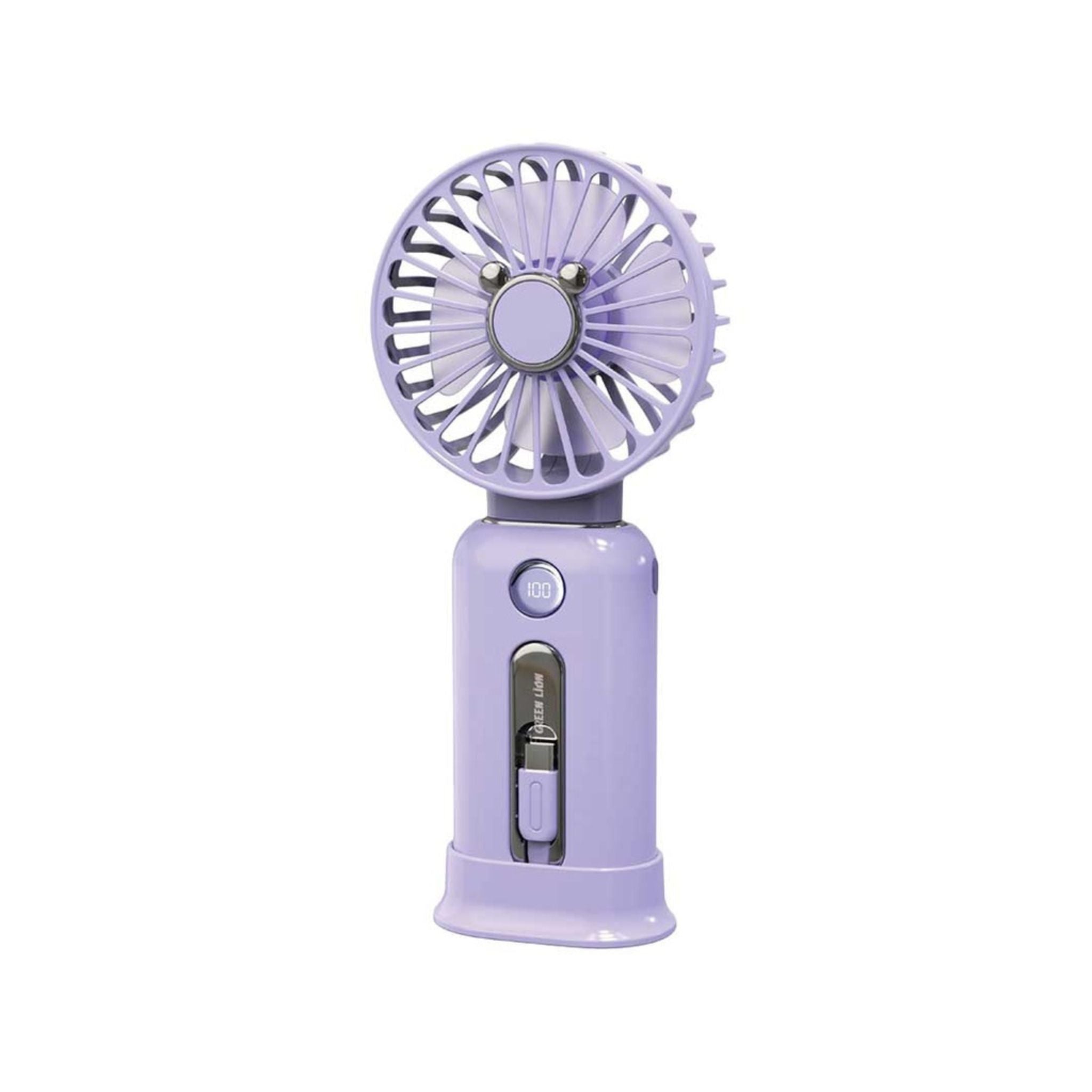 Green Lion WindMate Portable Fan & Power Bank with Built-in Type-C & Lightning Cables, 10W Lightning Output, 10000mAh Battery Capacity, 3 Speed Levels, 18W Type-C Output - Purple