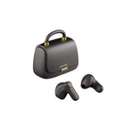The image shows a pair of black true wireless earbuds alongside a black charging case with a gold accent.