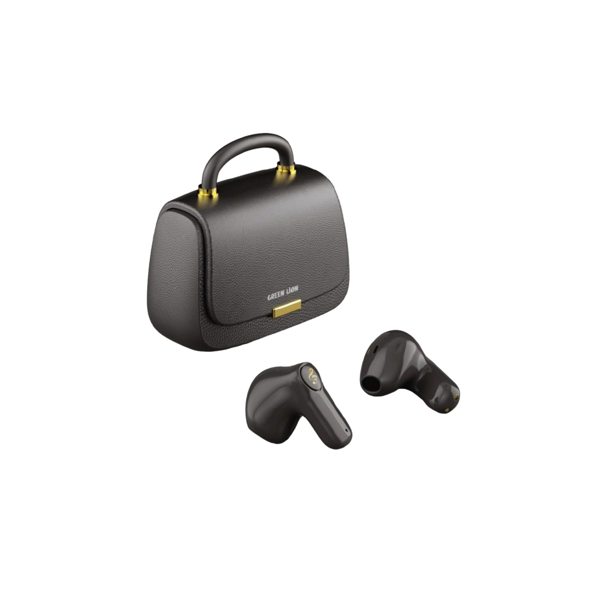 The image shows a pair of black true wireless earbuds alongside a black charging case with a gold accent.