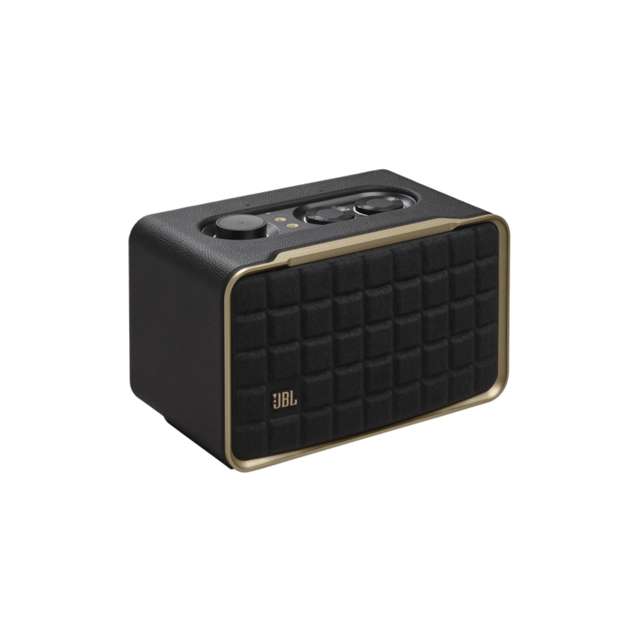 Black and gold JBL speaker on a white background