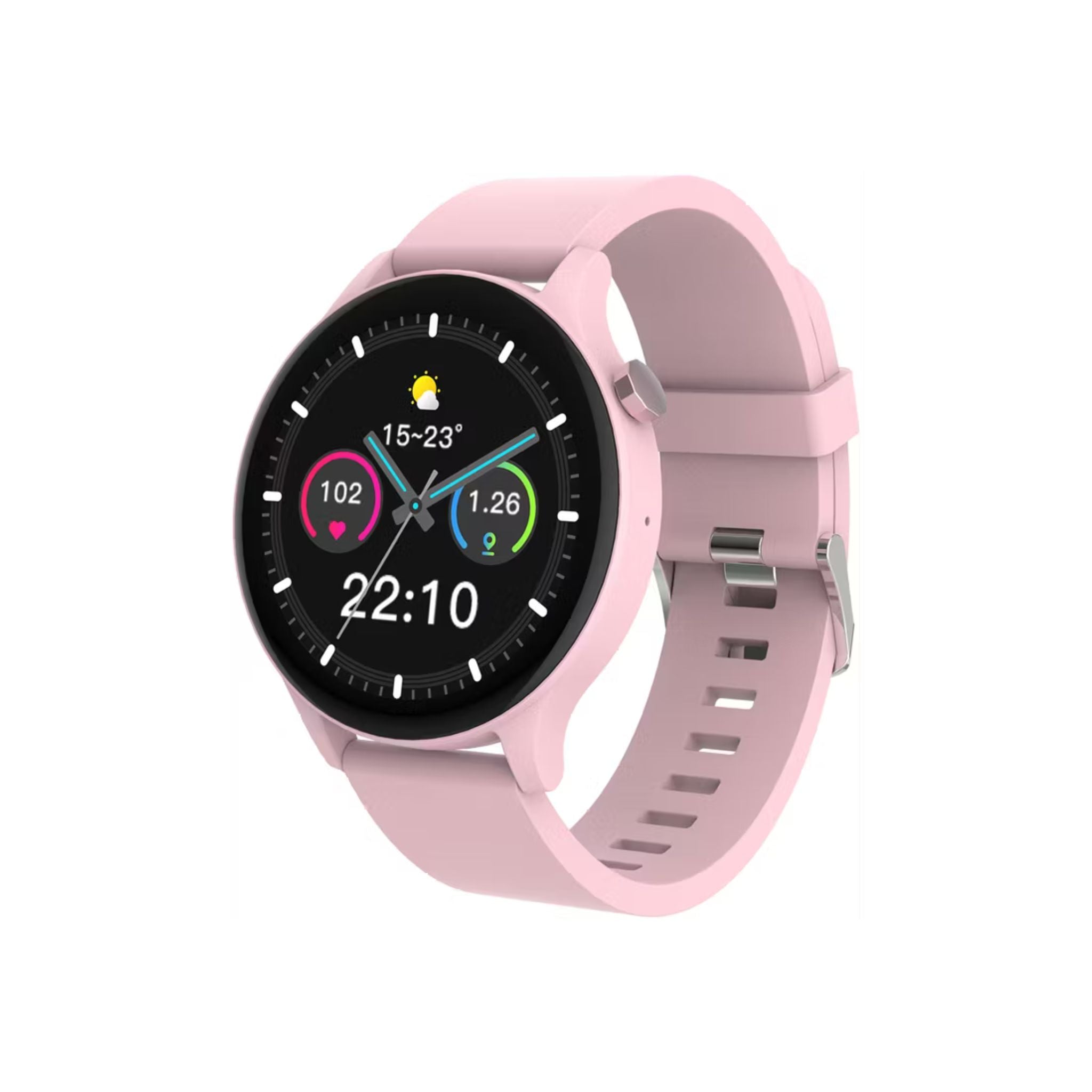Pink smartwatch with a black screen on a white background