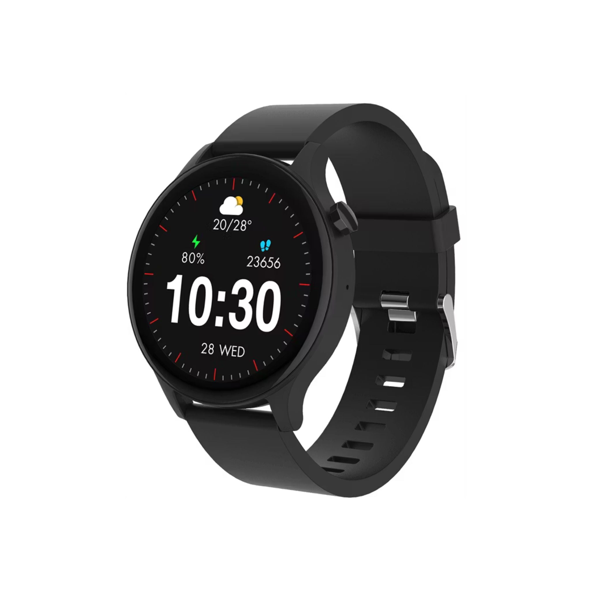 Black smartwatch with a round display on a white background
