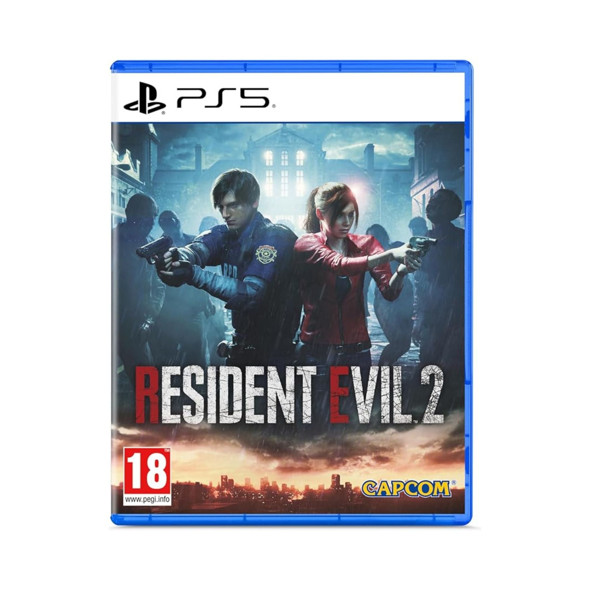PlayStation 5 game disc cover for 'Resident Evil 2' with characters holding guns and a cityscape in the background.