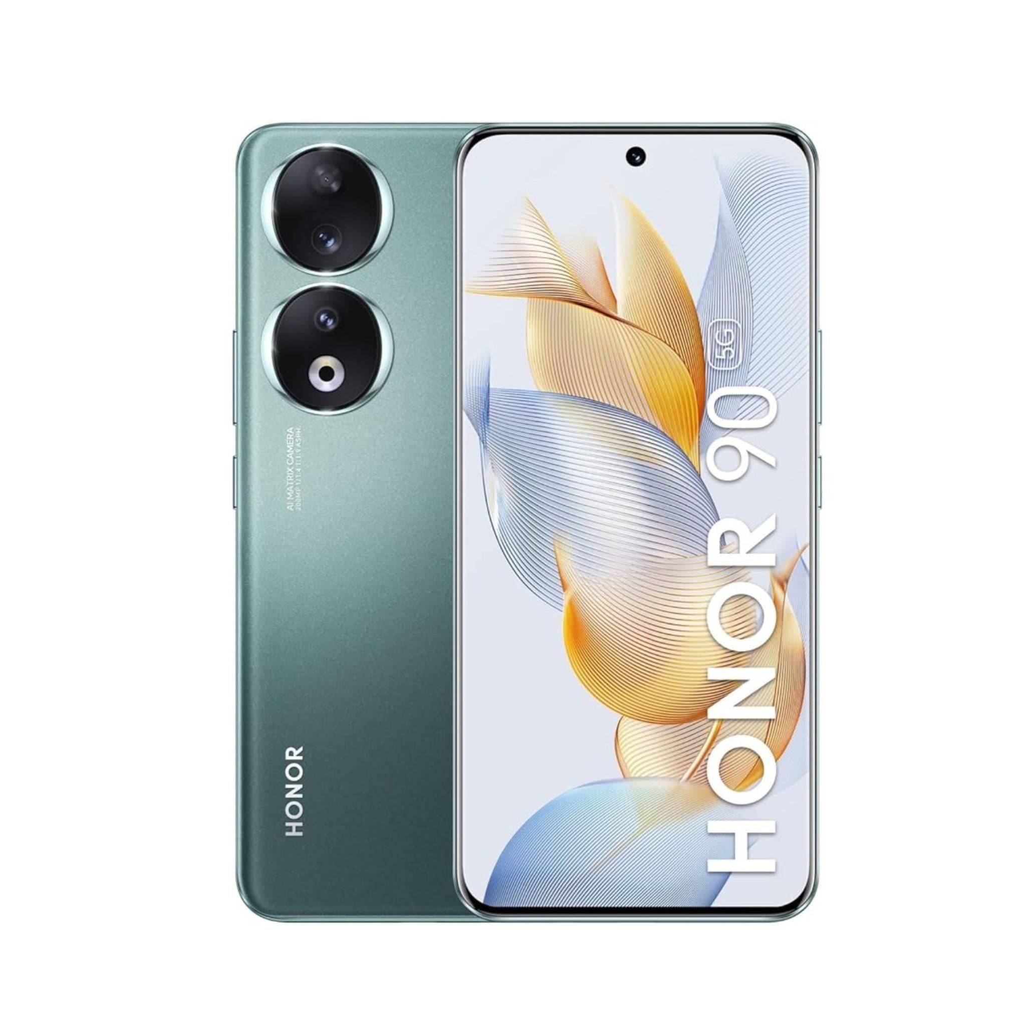 Honor 90 Dual Sim Smartphone in Emerald Green color with dual rear cameras and the phone's display showing a graphic wallpaper.