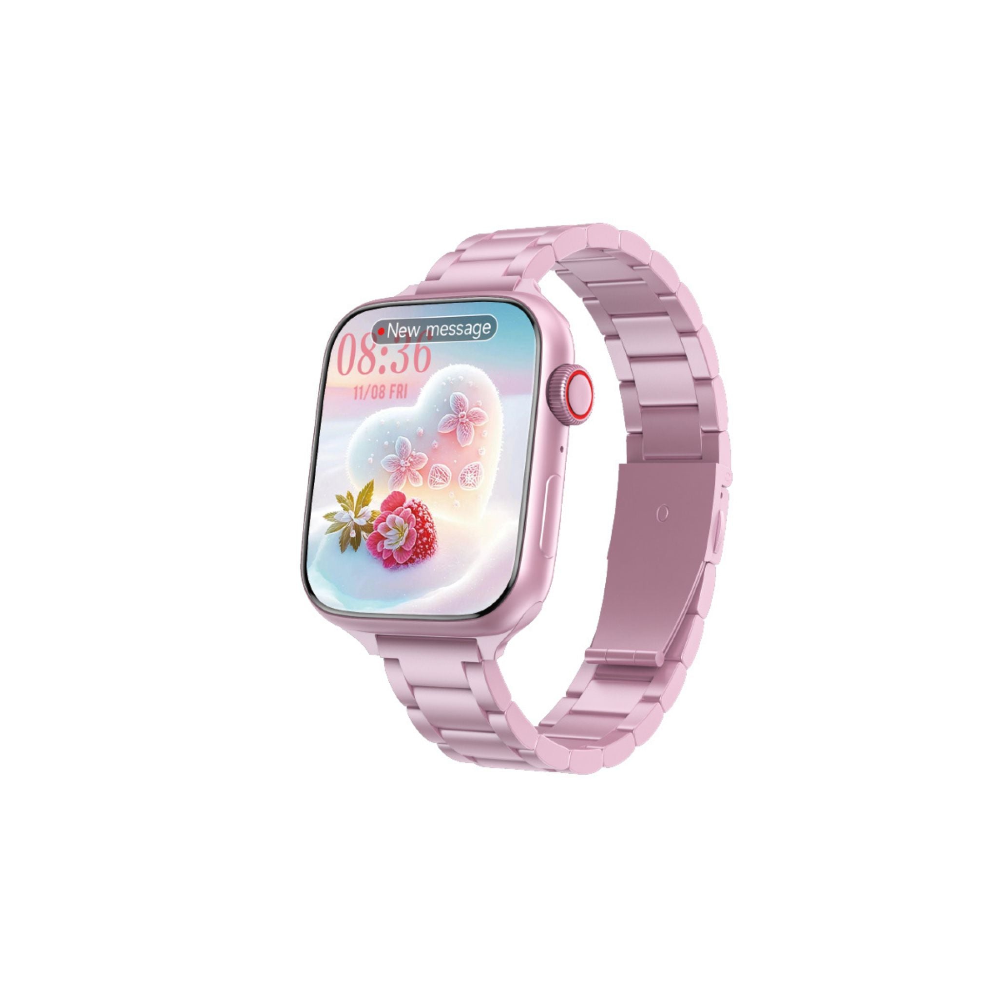 A pink Telzeal TC05 Mini smartwatch with a metallic band and a digital display showing time and notifications.