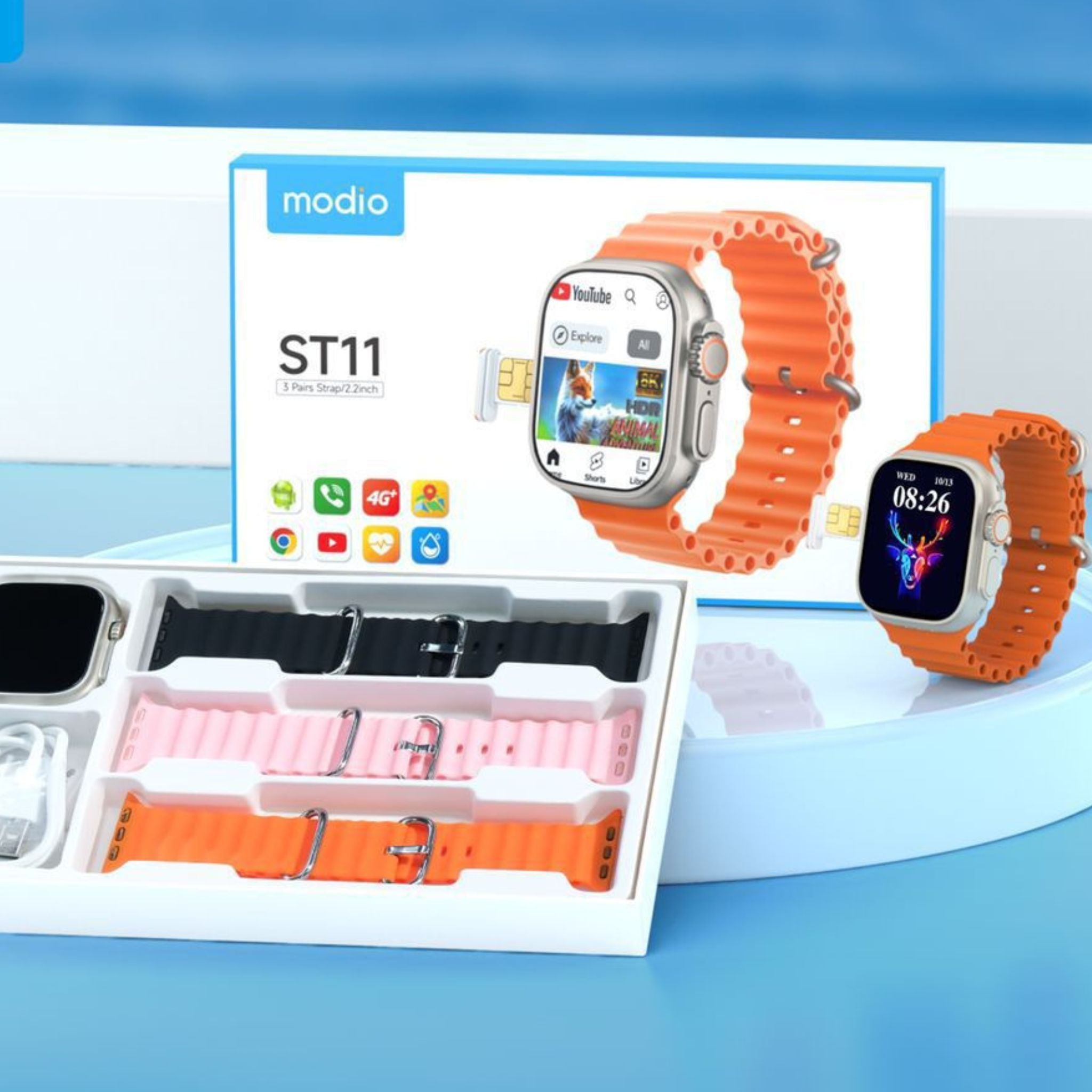 Packaging of Modio ST11 Smartwatch with multiple strap options displayed alongside the watch in black color.