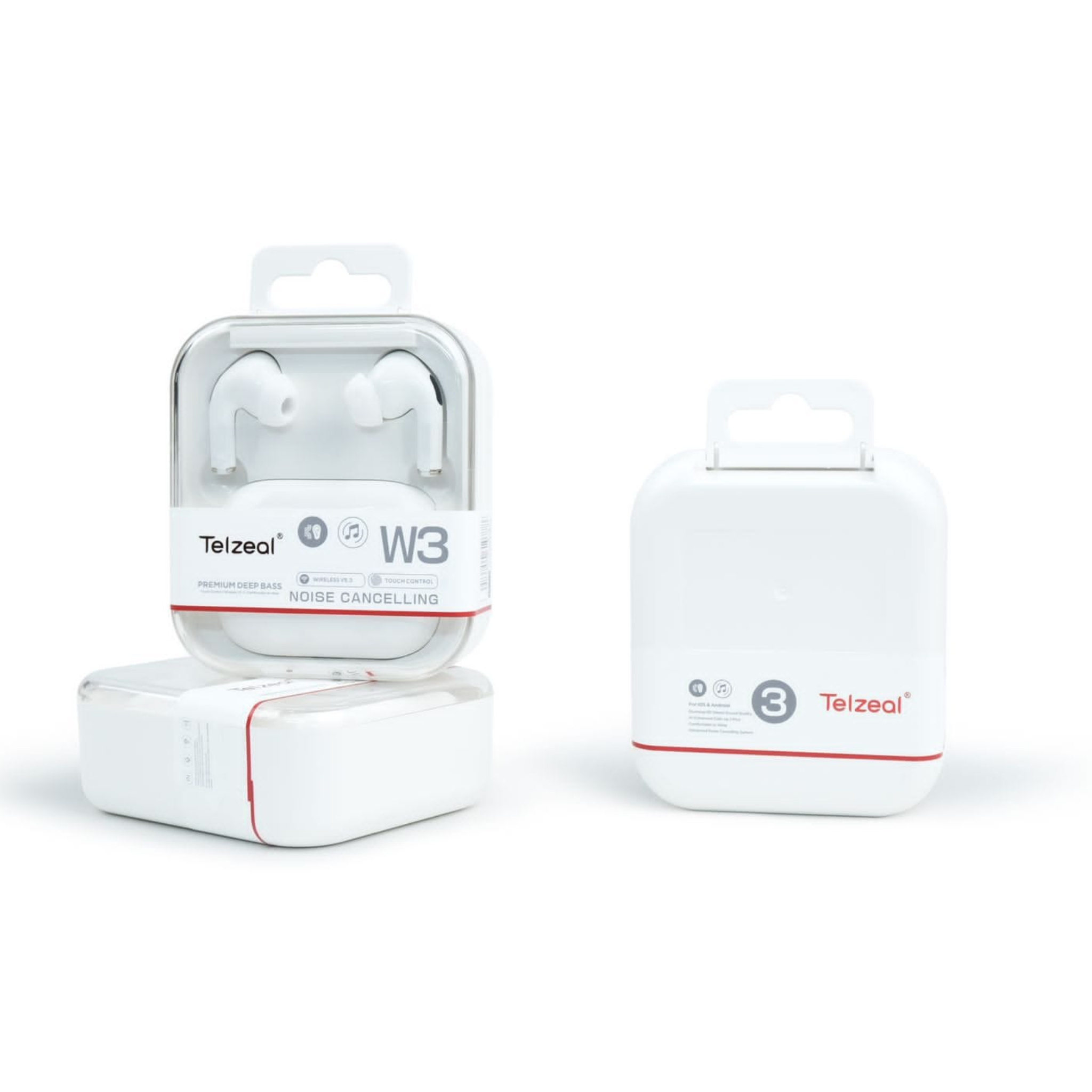 A pair of white Telzeal W3 premium deep bass intelligent noise-cancelling headphones with the charging case displayed.