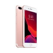 Apple iPhone 7 Plus in rose gold color with the screen facing forward, displaying the time and a colorful wallpaper.