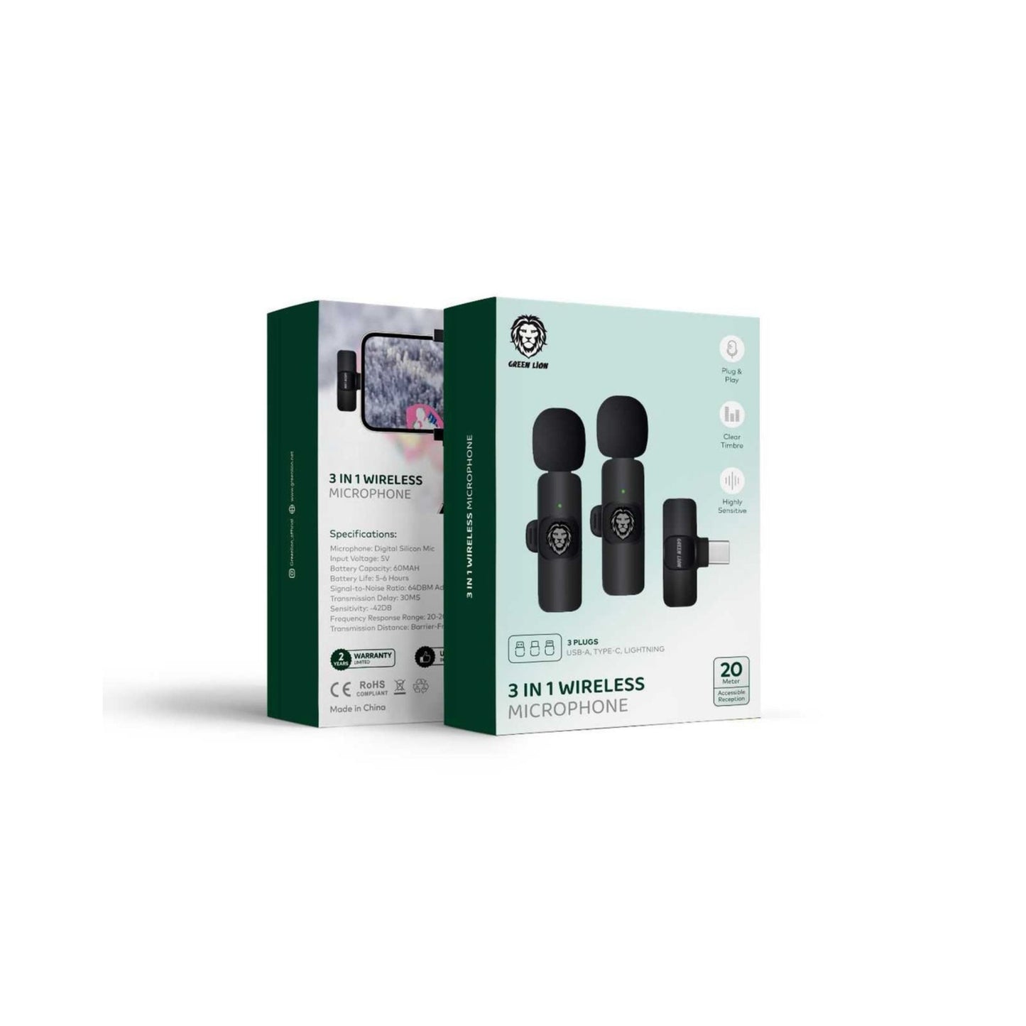 Green Lion 3 in 1 Wireless Microphone with 20 Meters Range, Highly Sensitive, 60mAh Battery Capacity, 5-6 Hours Battery Life - Black