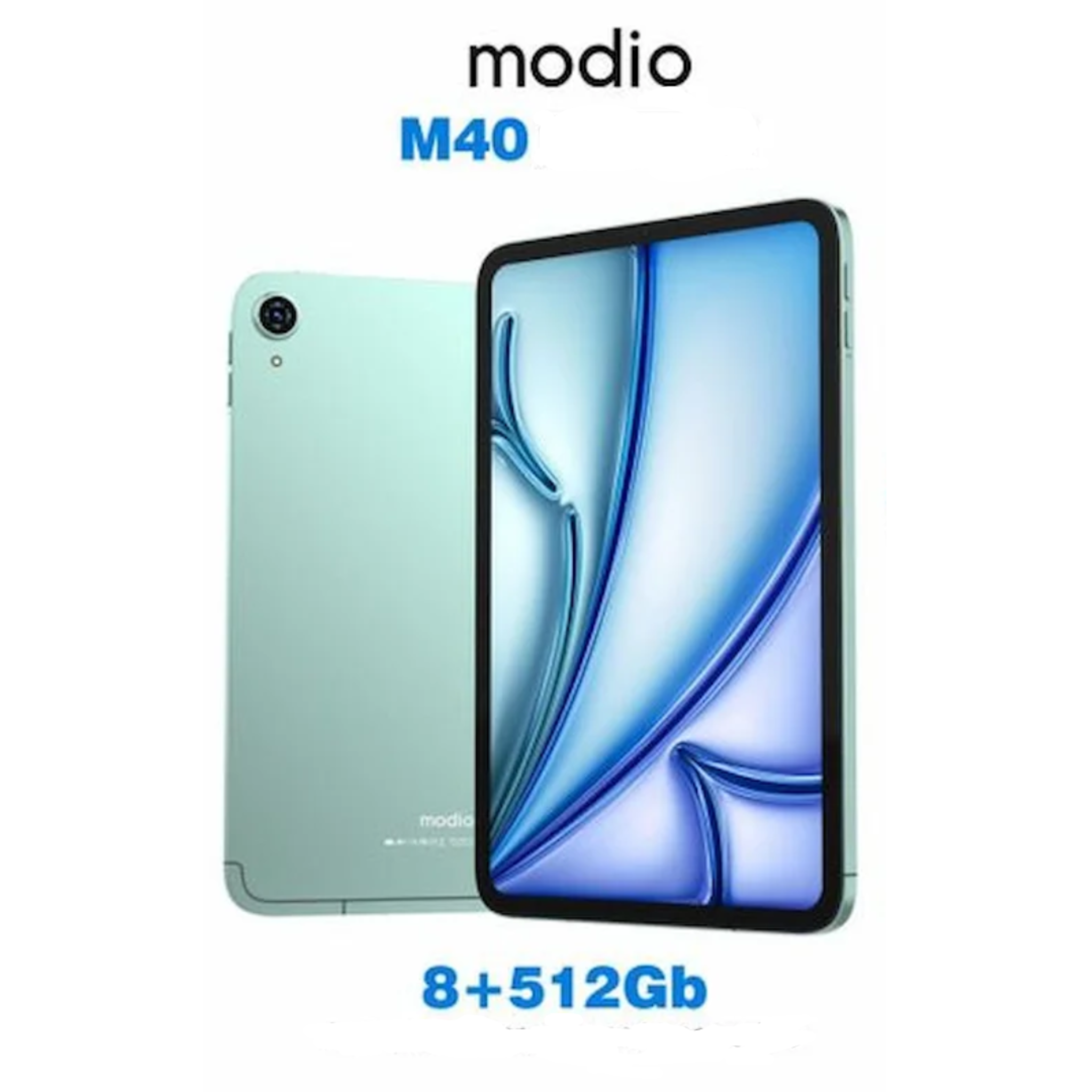 A green Modio M40 tablet with a 10.1-inch screen, showing the front and back view with 8+512Gb storage option highlighted.
