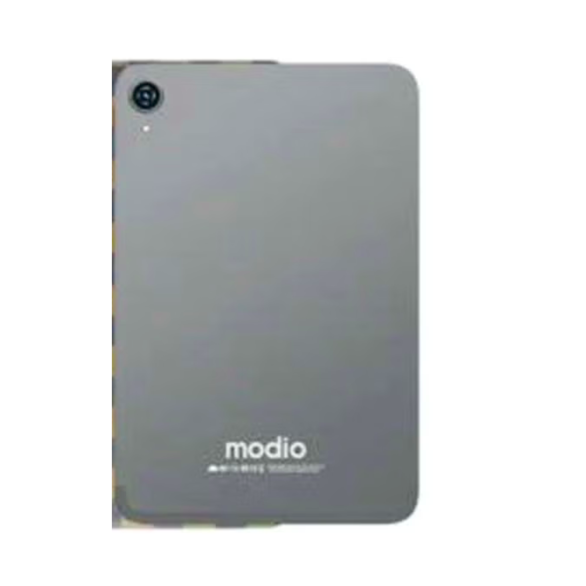 Back view of a gray Modio M40 tablet showing the camera and the brand logo.