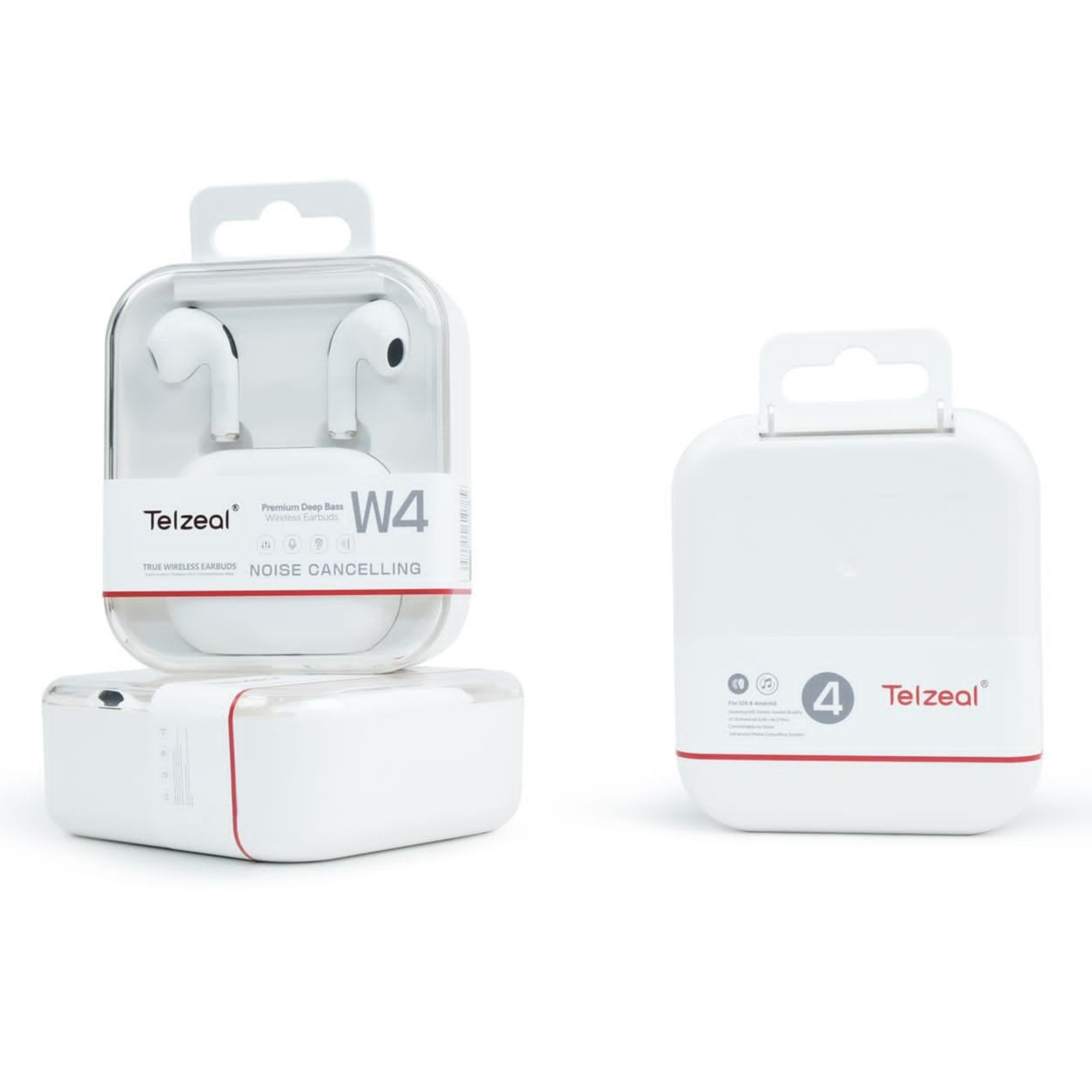 Telzeal W4 premium noise-cancelling headphones in white color, displayed in an open charging case.