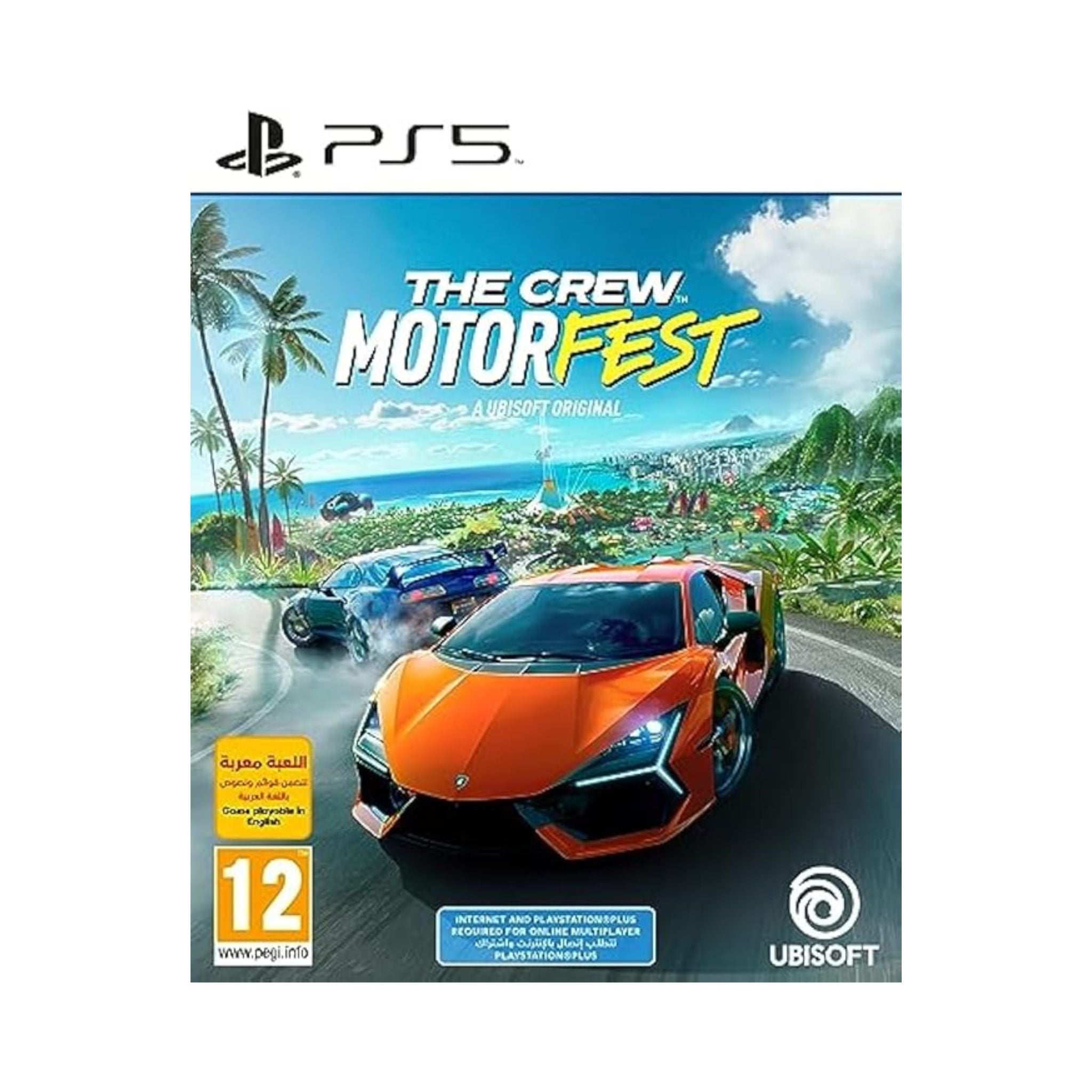 Game cover for 'The Crew Motor Fest' on PS5 with cars racing on a tropical road.