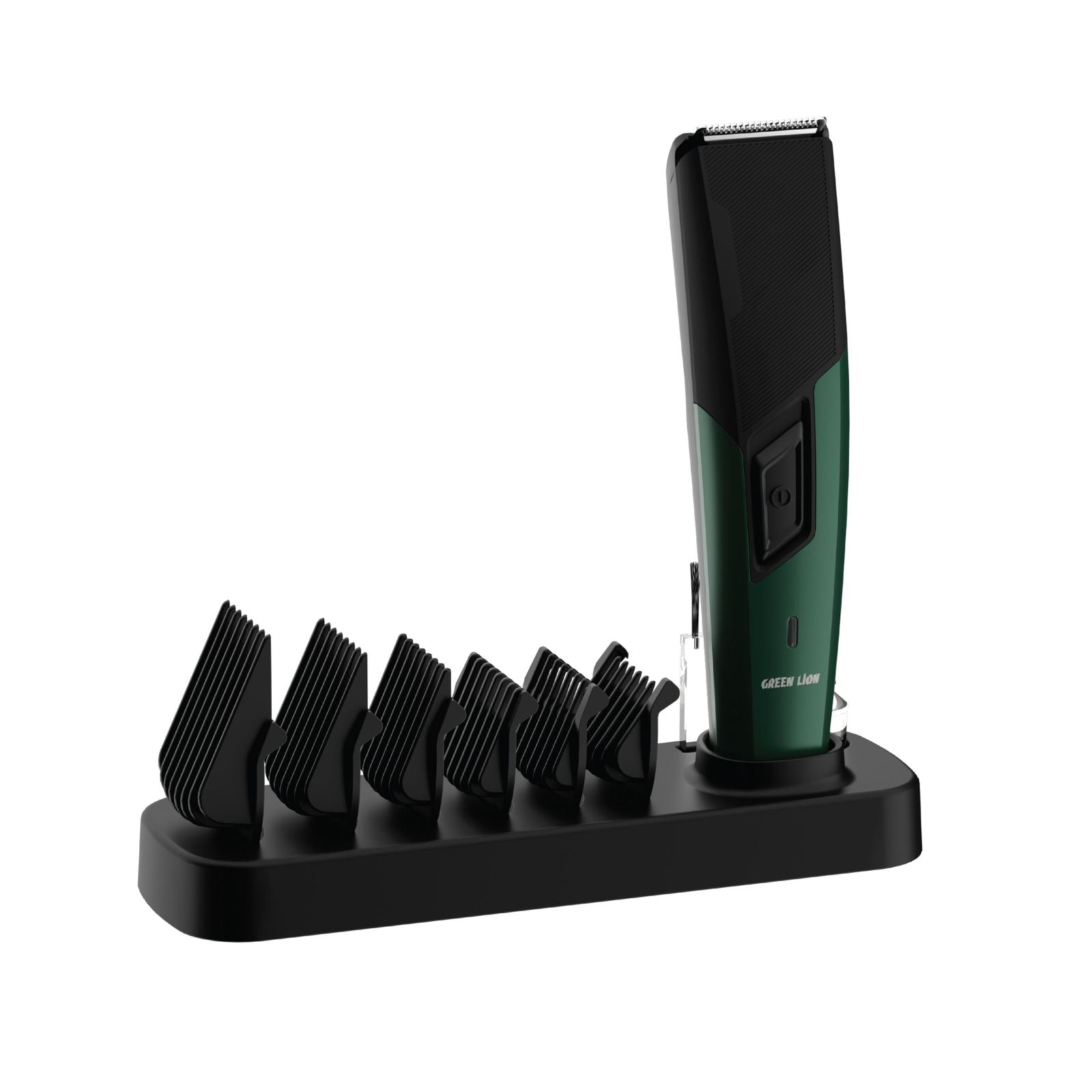 A black and green Green Lion Trim Flex Hair Trimmer with six guide combs, a power switch, and a USB connector.