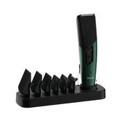 A black and green Green Lion Trim Flex Hair Trimmer with six guide combs, a power switch, and a USB connector.