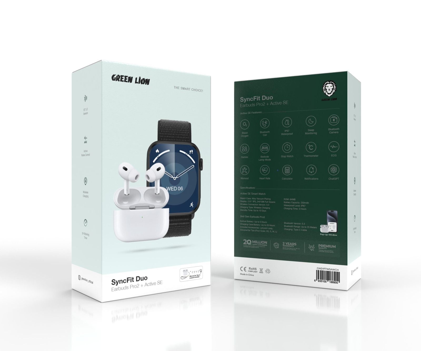 Green Lion SyncFit Duo Smartwatch + Earbuds Pro 2 Active SE: 2.01" IPS display,10-day standby,64MB ROM,IP67,5h earbuds,20h case,Bluetooth 5.3 (25m range),Type-C charging_Black