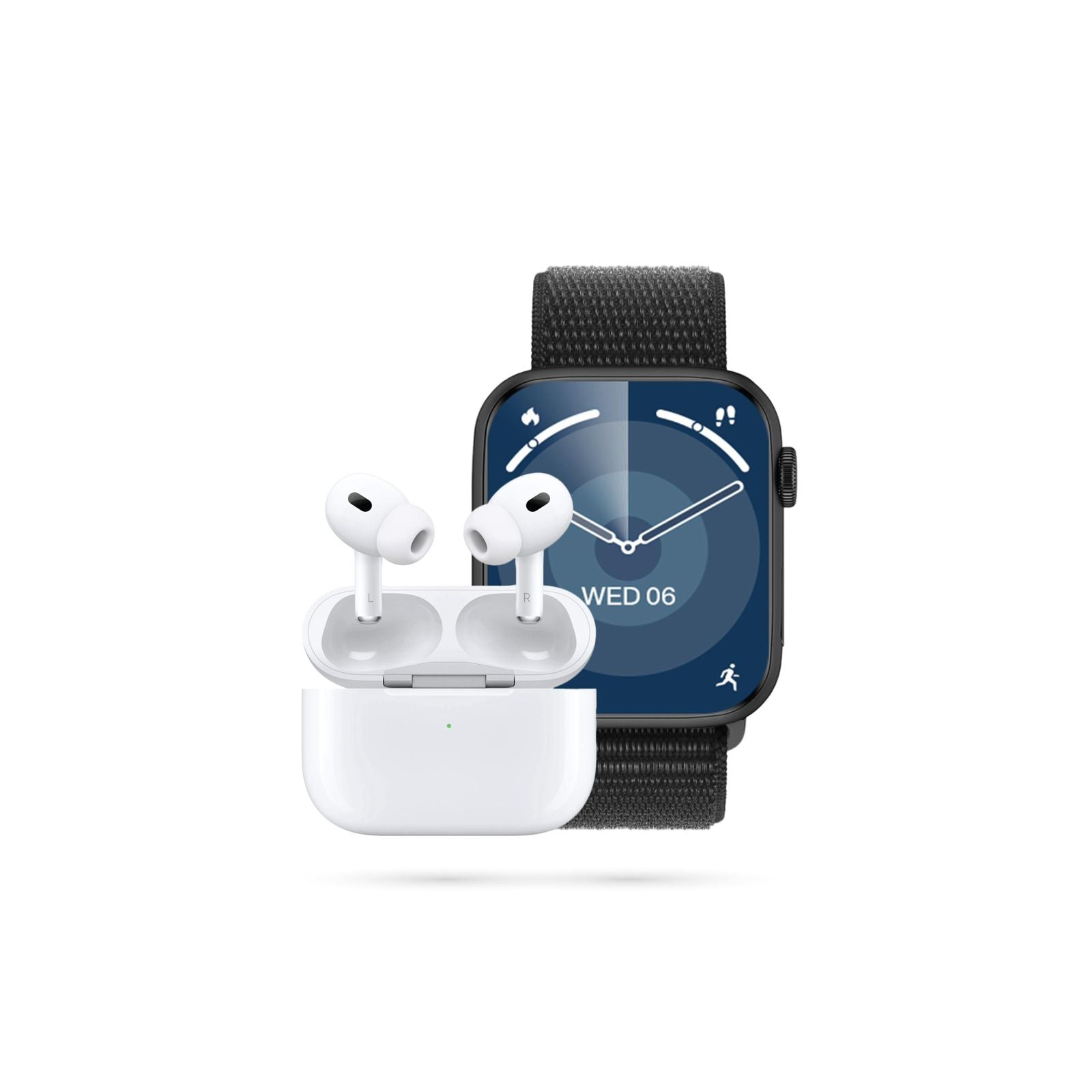 A smartwatch with a black band and a charging case for earbuds, displaying a colorful digital screen.