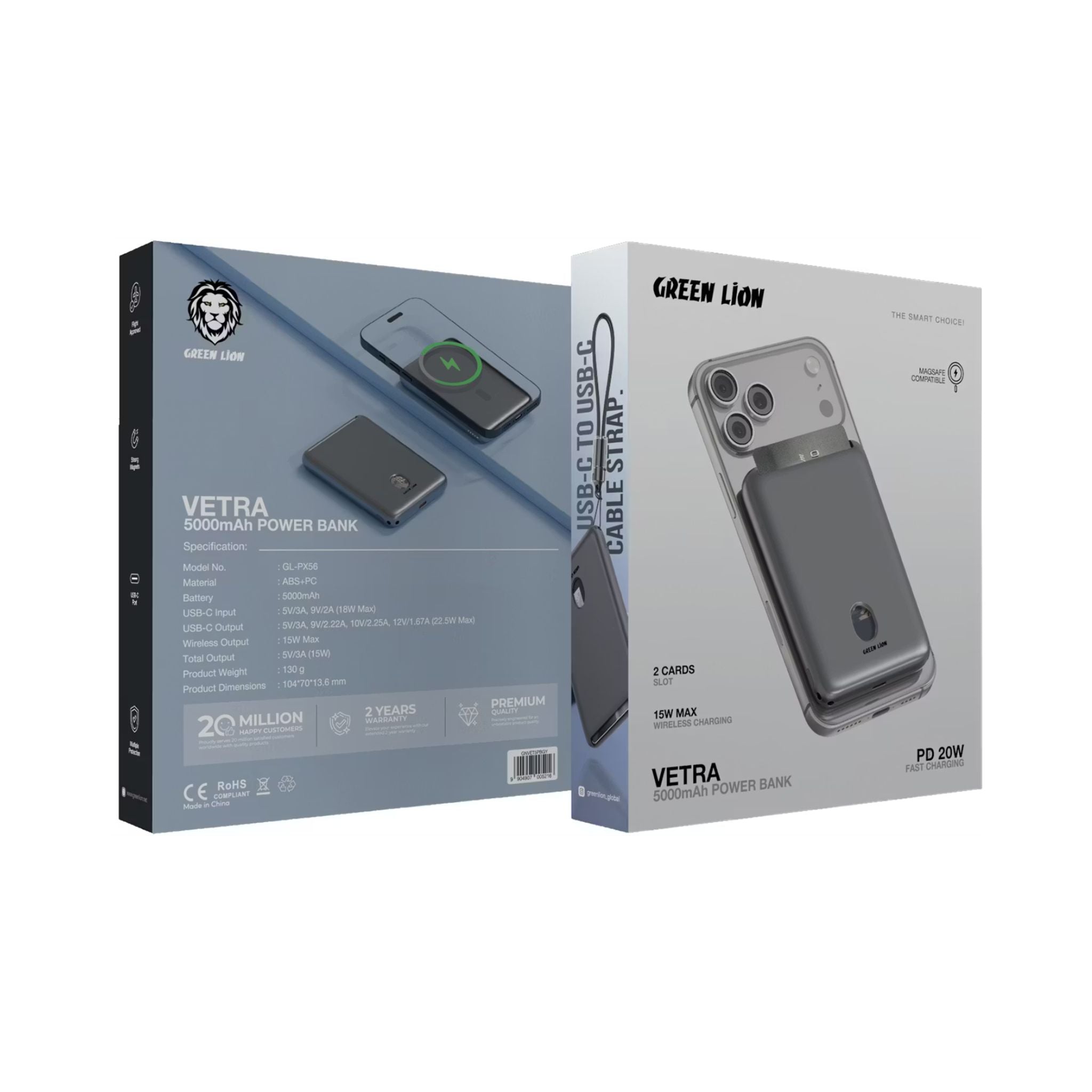 Green Lion Vetra 5000mAh Power Bank with USB-C to USB-C Cable Strap, 20W Power Delivery, Fast Charge Support, MagSafe Compatible, Multiple Protection - Gray