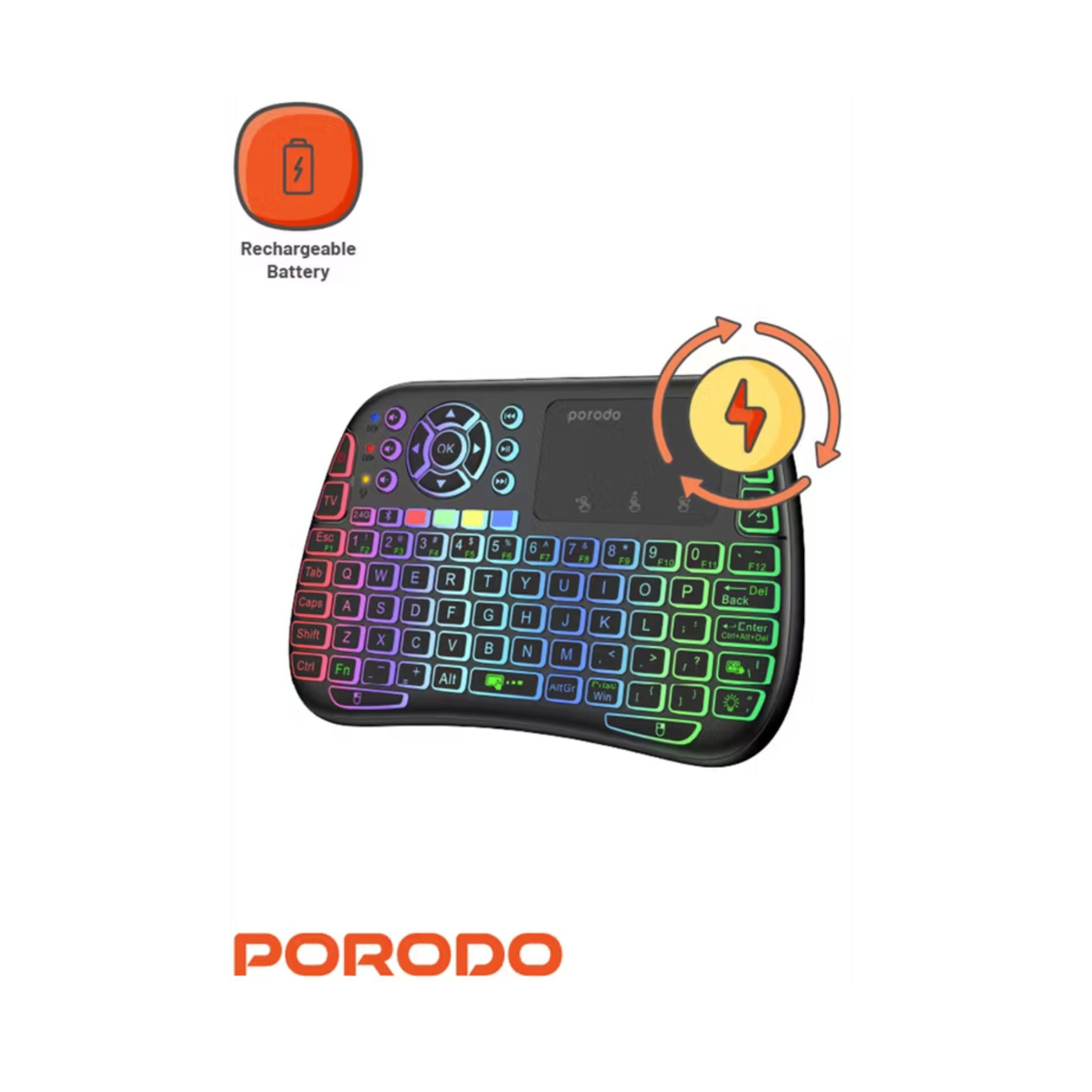 Porodo Gaming Remote Keyboard & Mouse with Programmable Buttons, Gesture Recognition, 10m Operational Range, 84 Keys, 5.2 Bluetooth, 300mAh Battery - Black