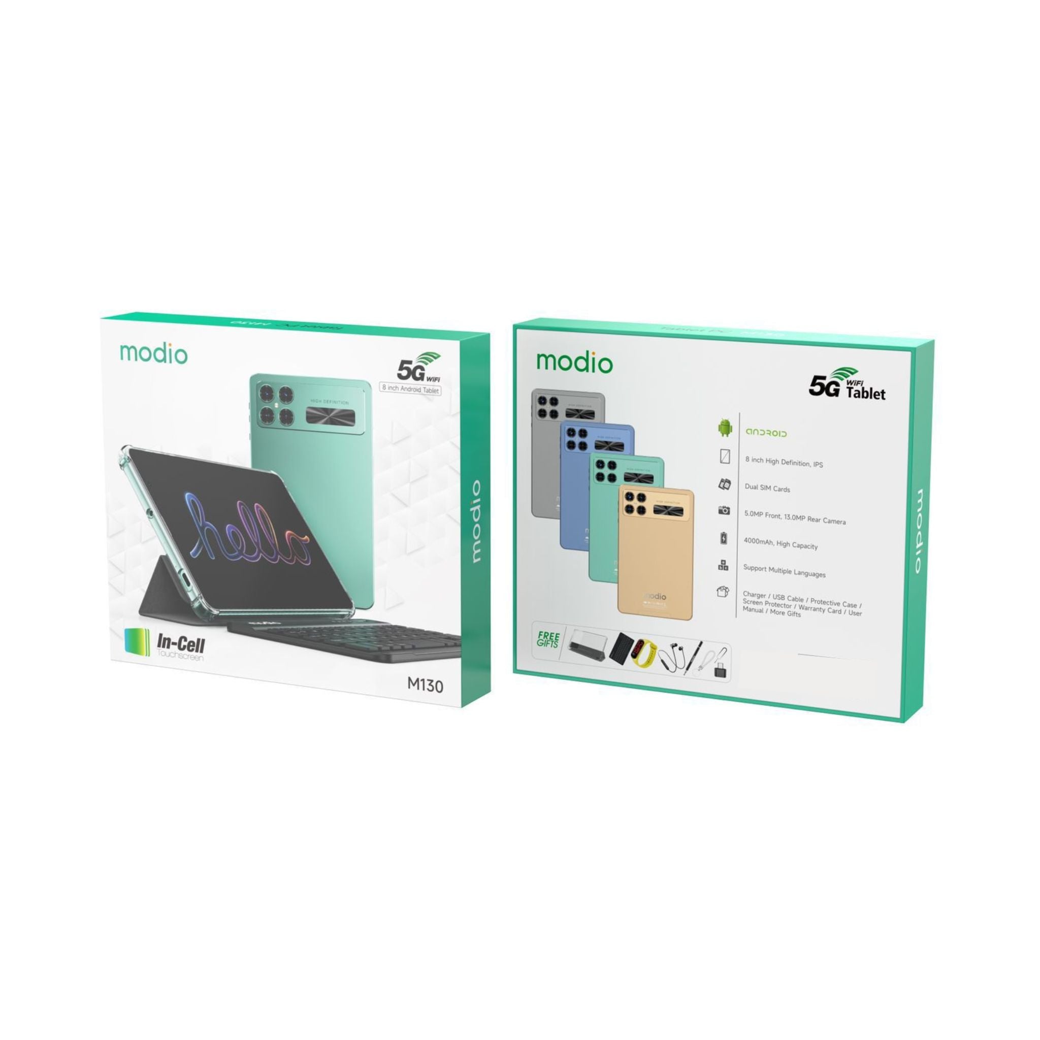 Modio M130 5G Wifi 8 inch,High Definition, IPS Android Tablet PC (In Cell Touchscreen)|4000mAh Battery|(8GB+512GB) with Free Gifts_Green