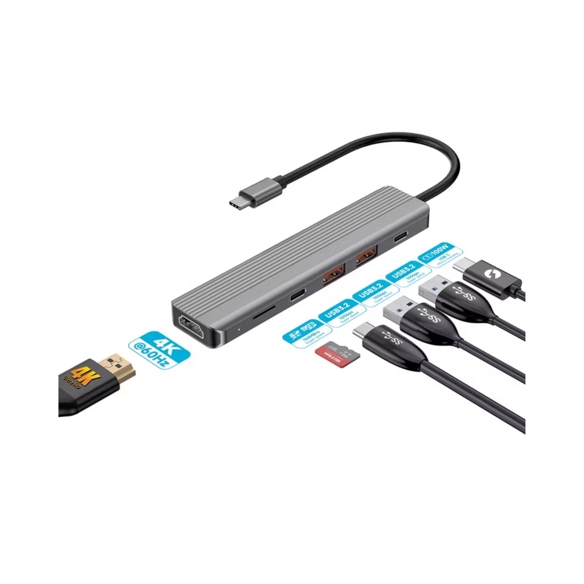 Powerology 6-in-1 Slim USB-C Hub with 4K Ultra HD HDMI, 100W PD, v3.2 10Gbps Super Speed USB-C Data, 2 x v3.2 10Gbps Super Speed USB-C Data, 4K UHD @ 60Hz HDMI, Supports v3.0 MicroSD, Fast Data & Charge - Gray