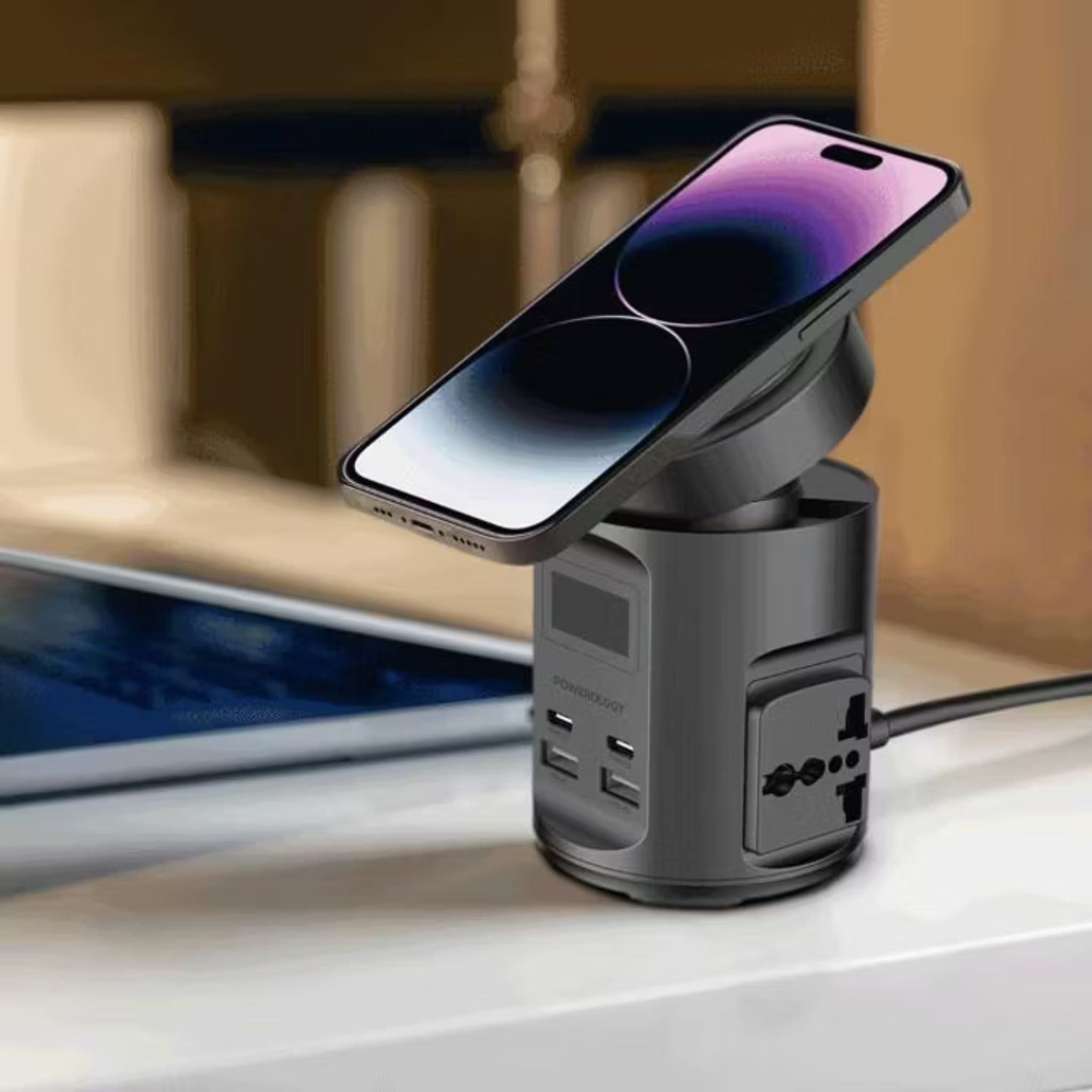 Powerology Magsafe Power Hub with UK Plug, PD 65W, USB-A QC 3.0, Built-in Safeguards, 15W Wireless Charging, 2200W Rated Power - Black