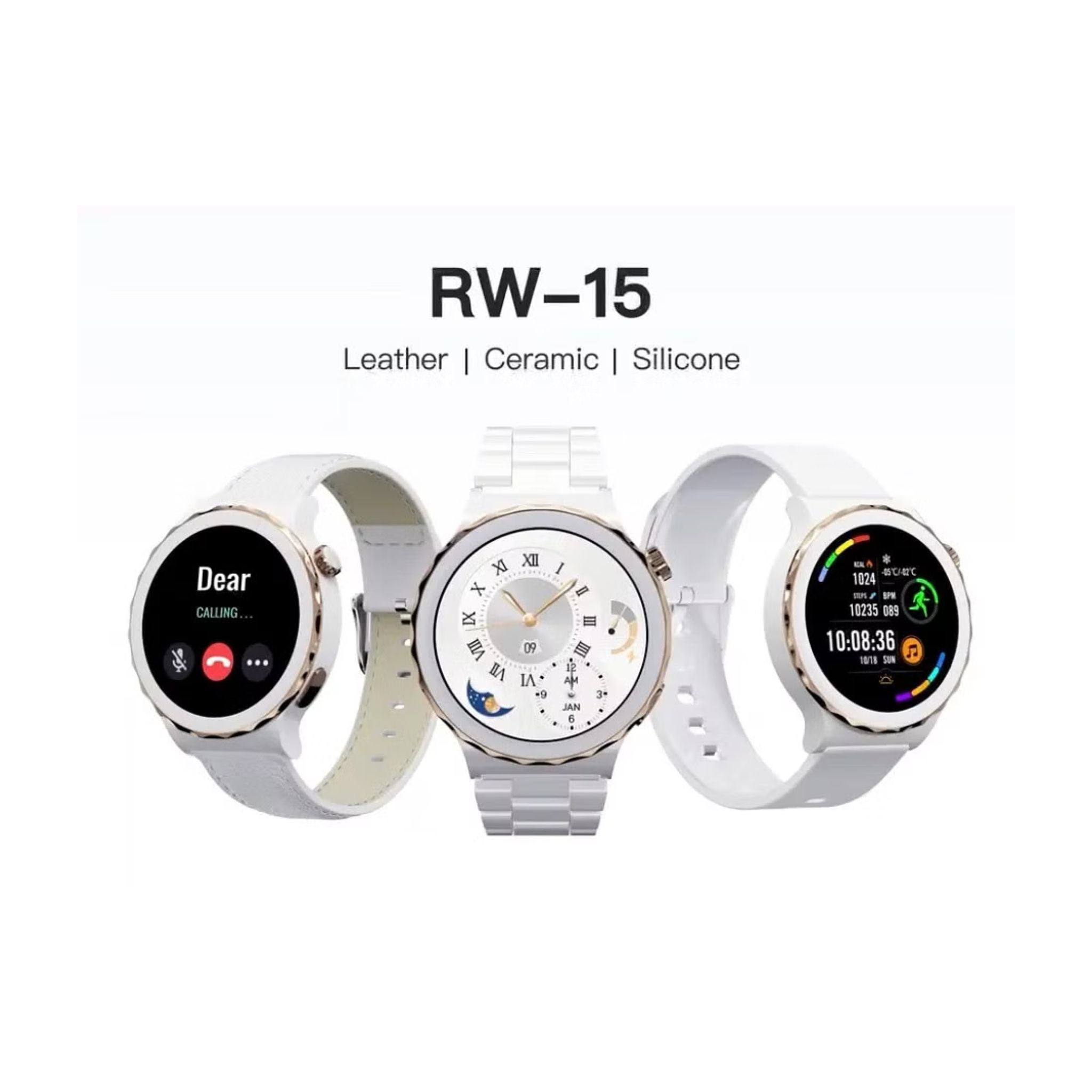 Haino Teko RW15 With 3 Replacement Bands (Ceramic,Leather,Silicon) and Wireless Charger_Gold