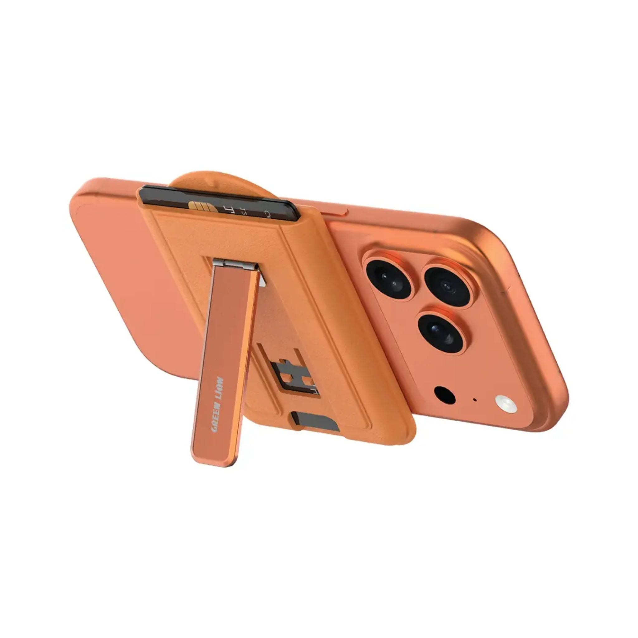 Green Lion Mag Wallet Kickstand Card Holder, MagSafe Compatible, Ultra-Slim Design, 2-Card Storage, N52 ×21 Magnets, Adjustable Kickstand 0°–135°, Aluminum Alloy + PC – Orange