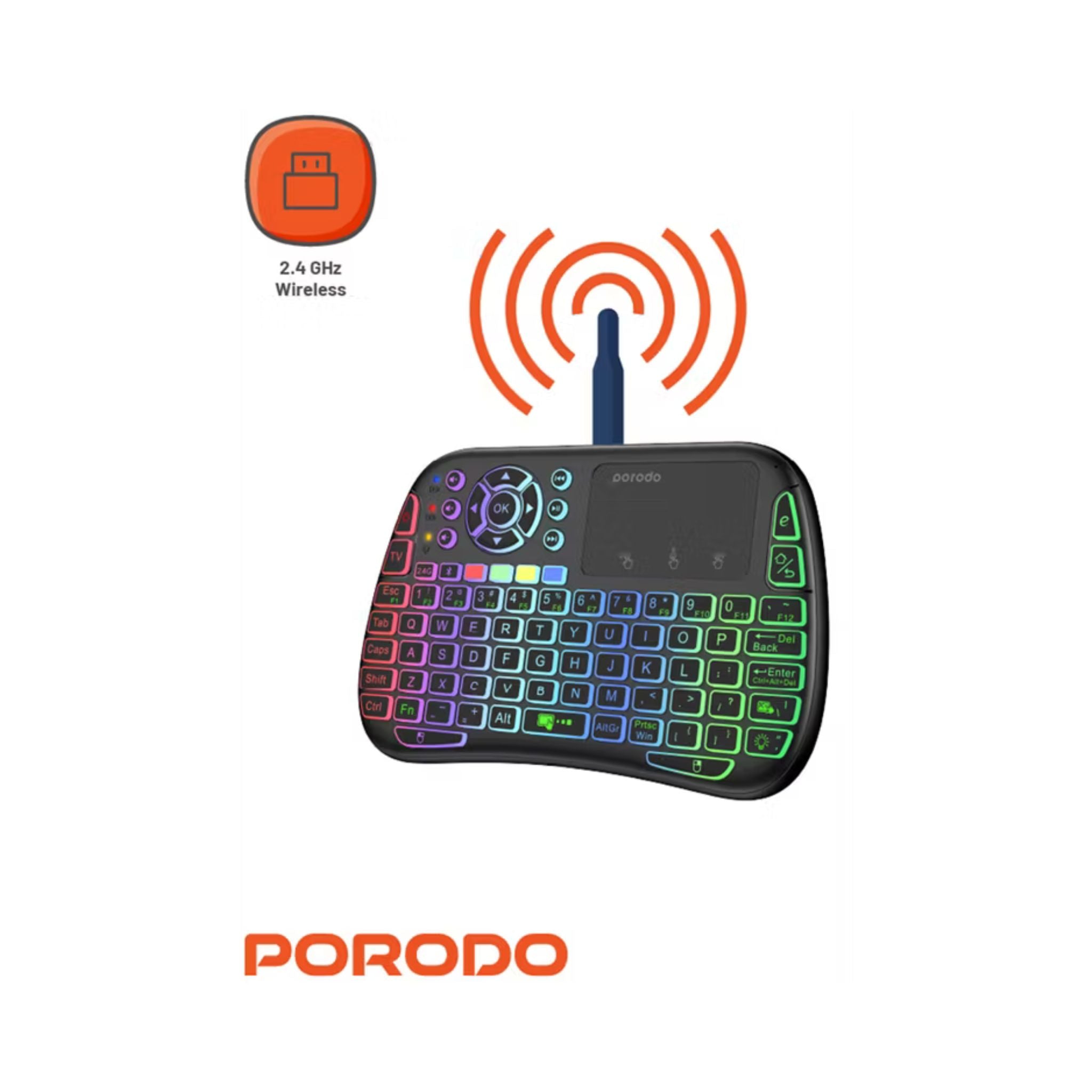 Porodo Gaming Remote Keyboard & Mouse with Programmable Buttons, Gesture Recognition, 10m Operational Range, 84 Keys, 5.2 Bluetooth, 300mAh Battery - Black
