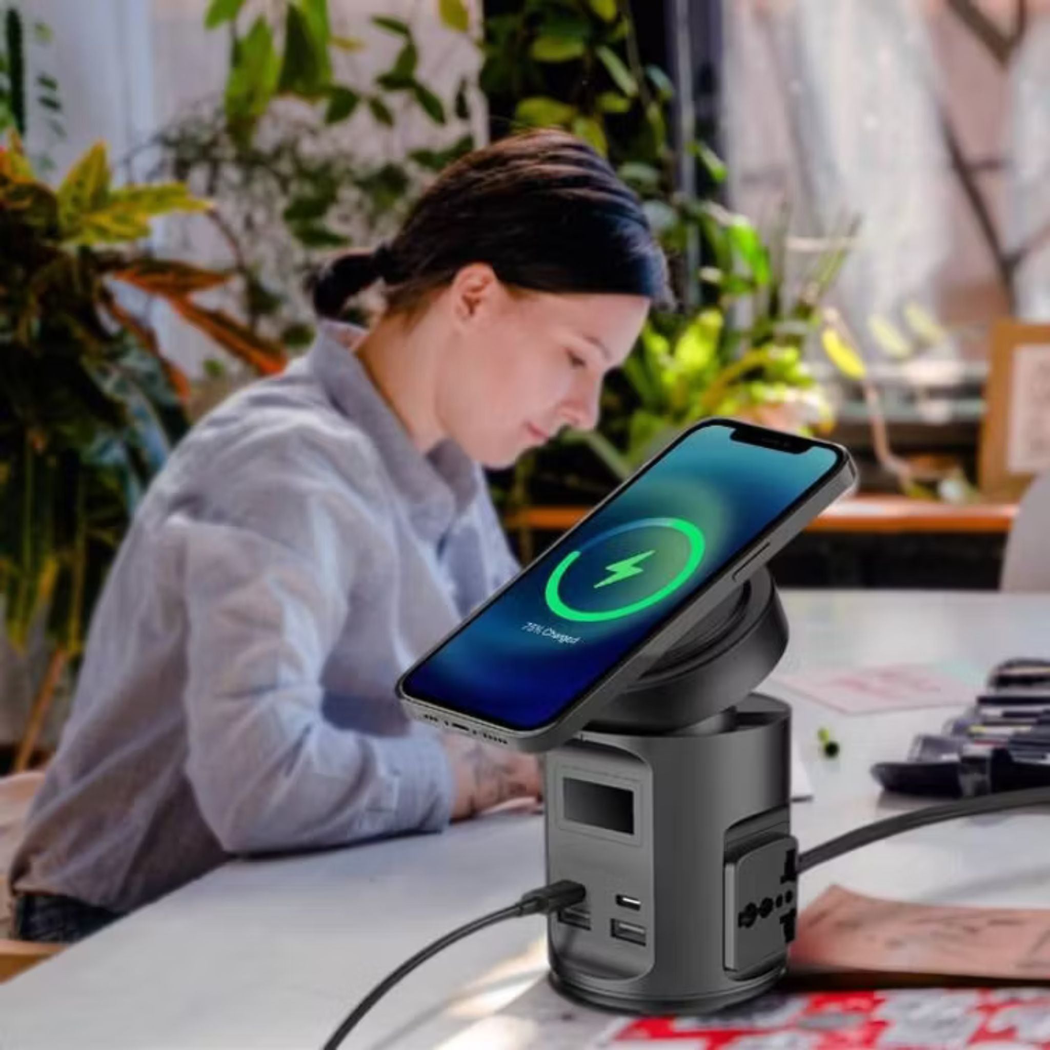 Powerology Magsafe Power Hub with UK Plug, PD 65W, USB-A QC 3.0, Built-in Safeguards, 15W Wireless Charging, 2200W Rated Power - Black