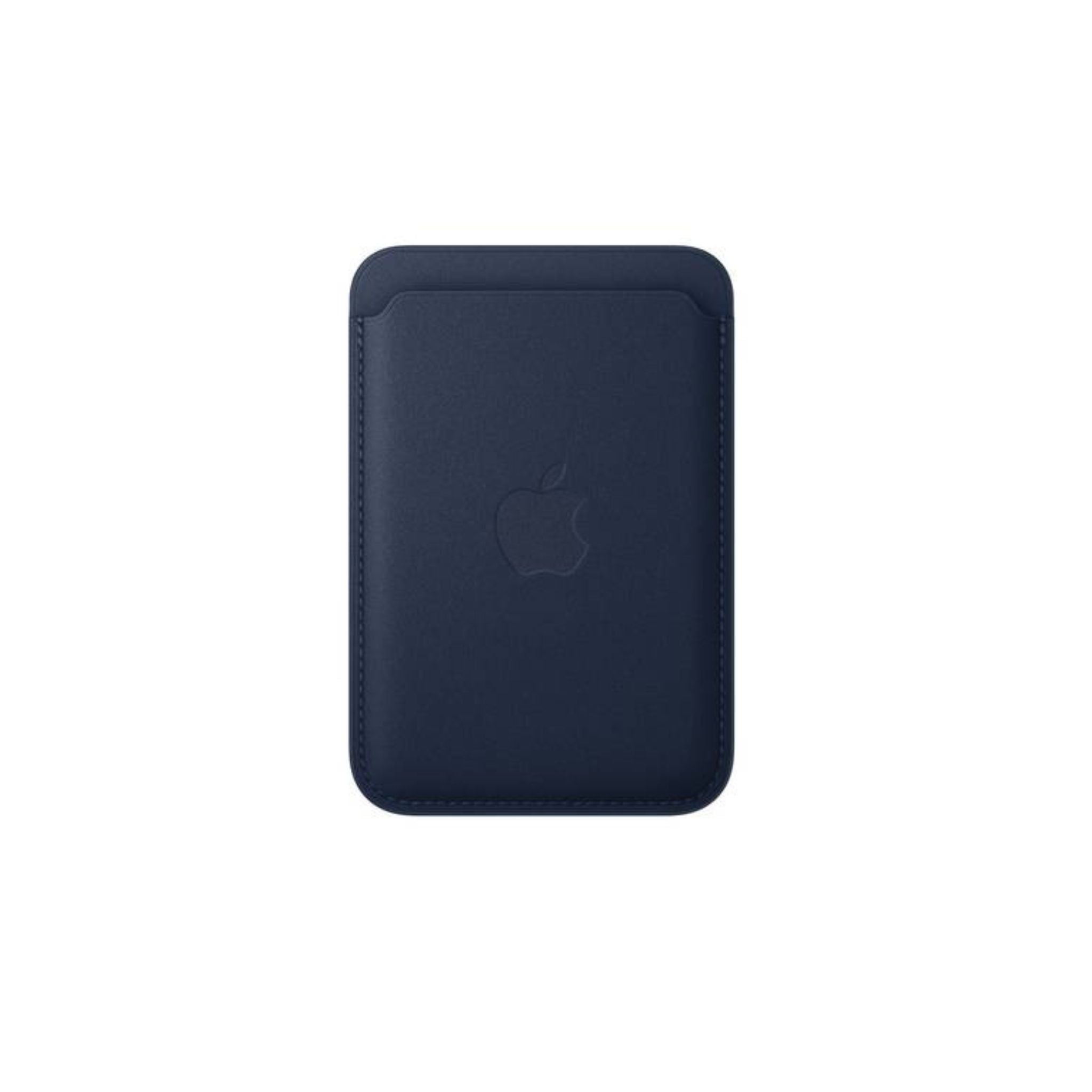 An Apple iPhone FineWoven Wallet with MagSafe in deep blue color.