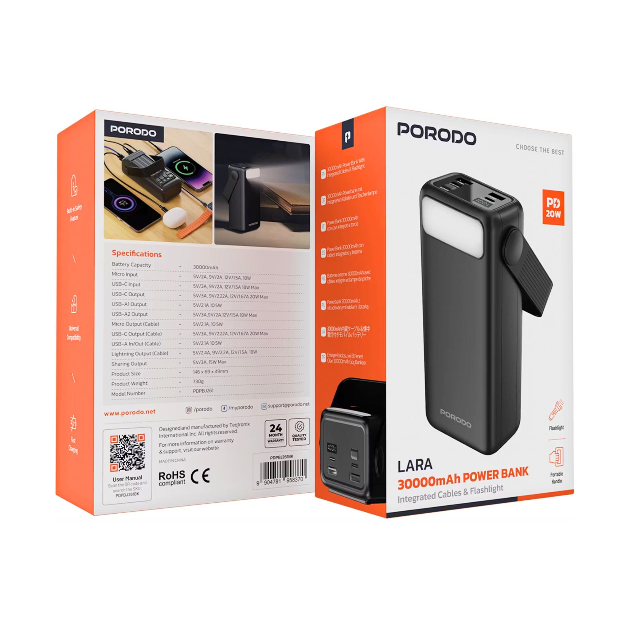 Porodo Lara 30000mAh Power Bank with Flashlight, Portable Handle, PD 20W, Fast Charging, ×2 USB-A & USB-C & Micro Ports, 4 Integrated Cables, Universal Compatibility - Black