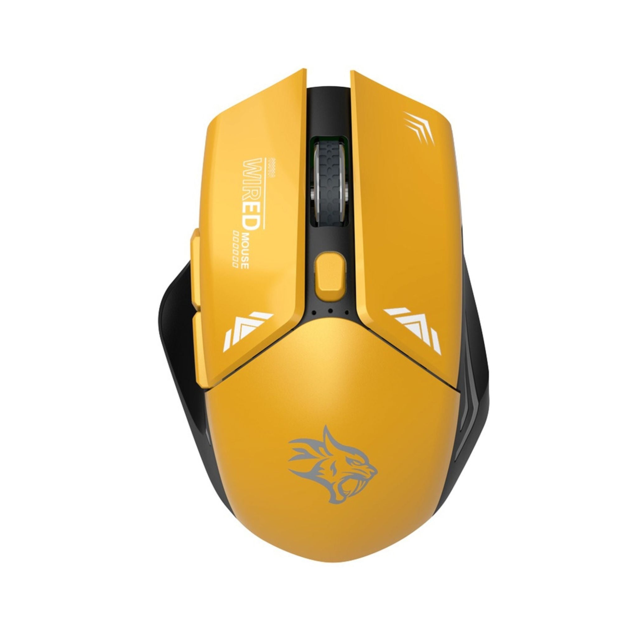Gold gaming mouse with black accents on a white background