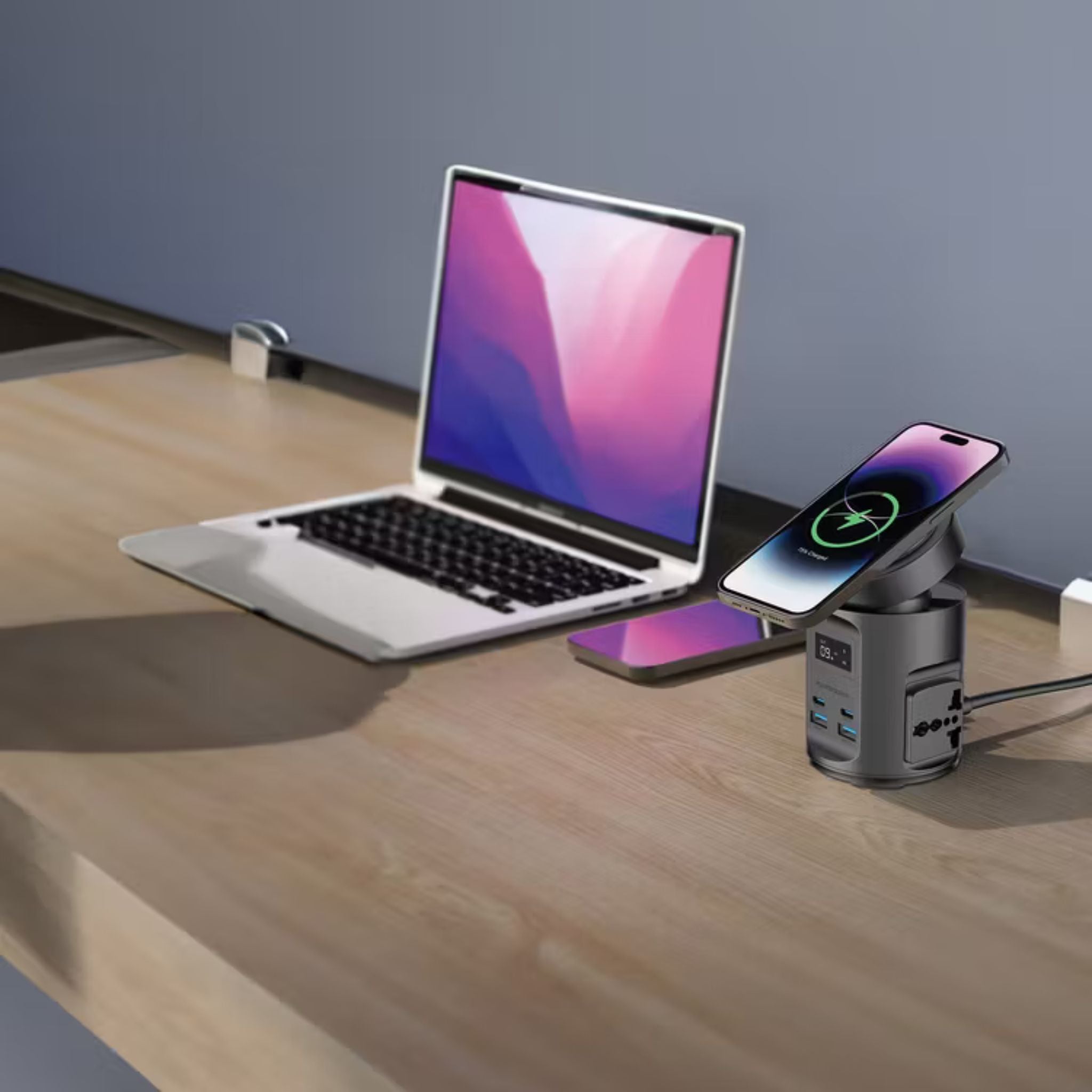 Powerology Magsafe Power Hub with UK Plug, PD 65W, USB-A QC 3.0, Built-in Safeguards, 15W Wireless Charging, 2200W Rated Power - Black