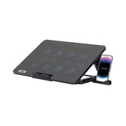 Black laptop cooling pad with multiple cooling fans and a smartphone on a white background