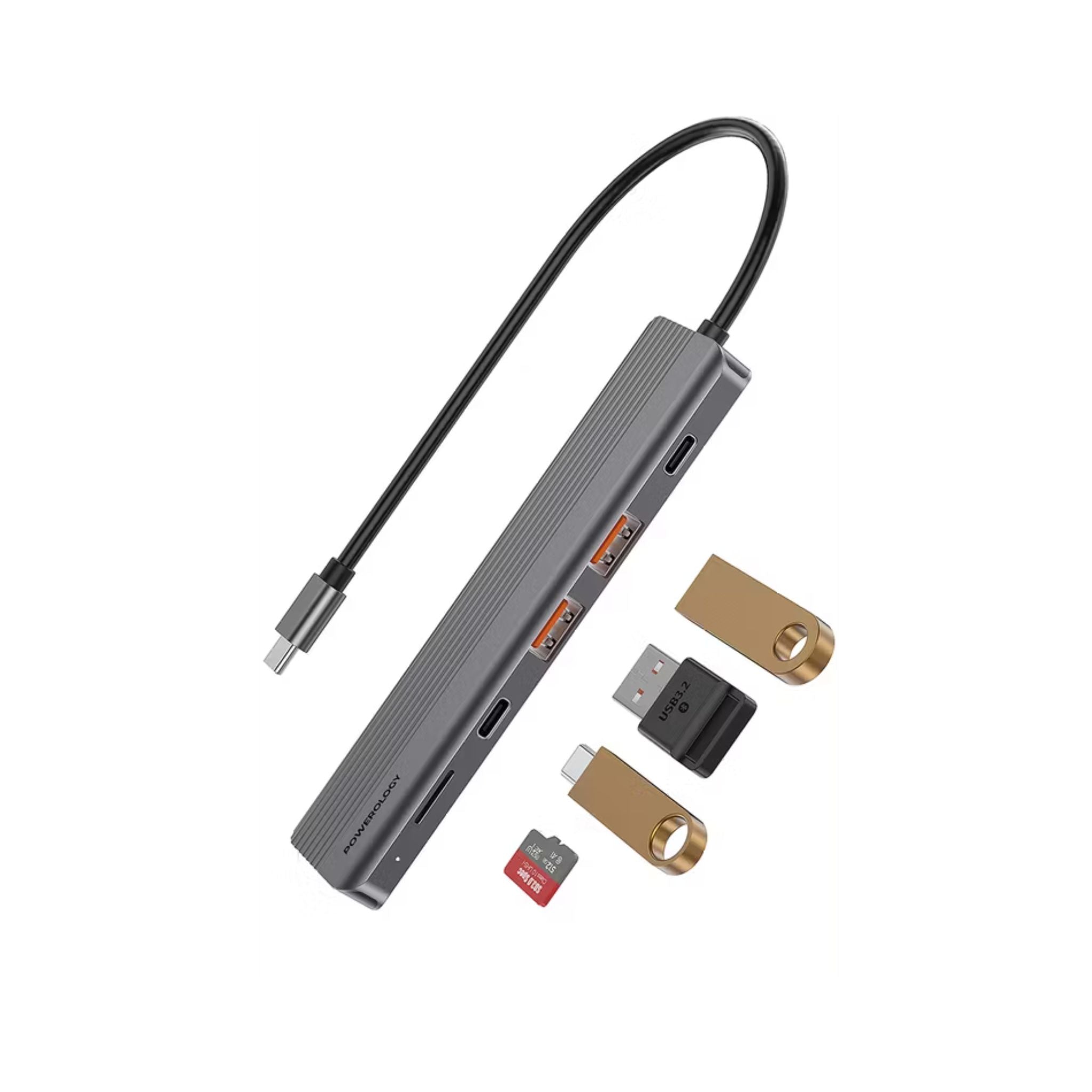 Powerology 6-in-1 Slim USB-C Hub with 4K Ultra HD HDMI, 100W PD, v3.2 10Gbps Super Speed USB-C Data, 2 x v3.2 10Gbps Super Speed USB-C Data, 4K UHD @ 60Hz HDMI, Supports v3.0 MicroSD, Fast Data & Charge - Gray