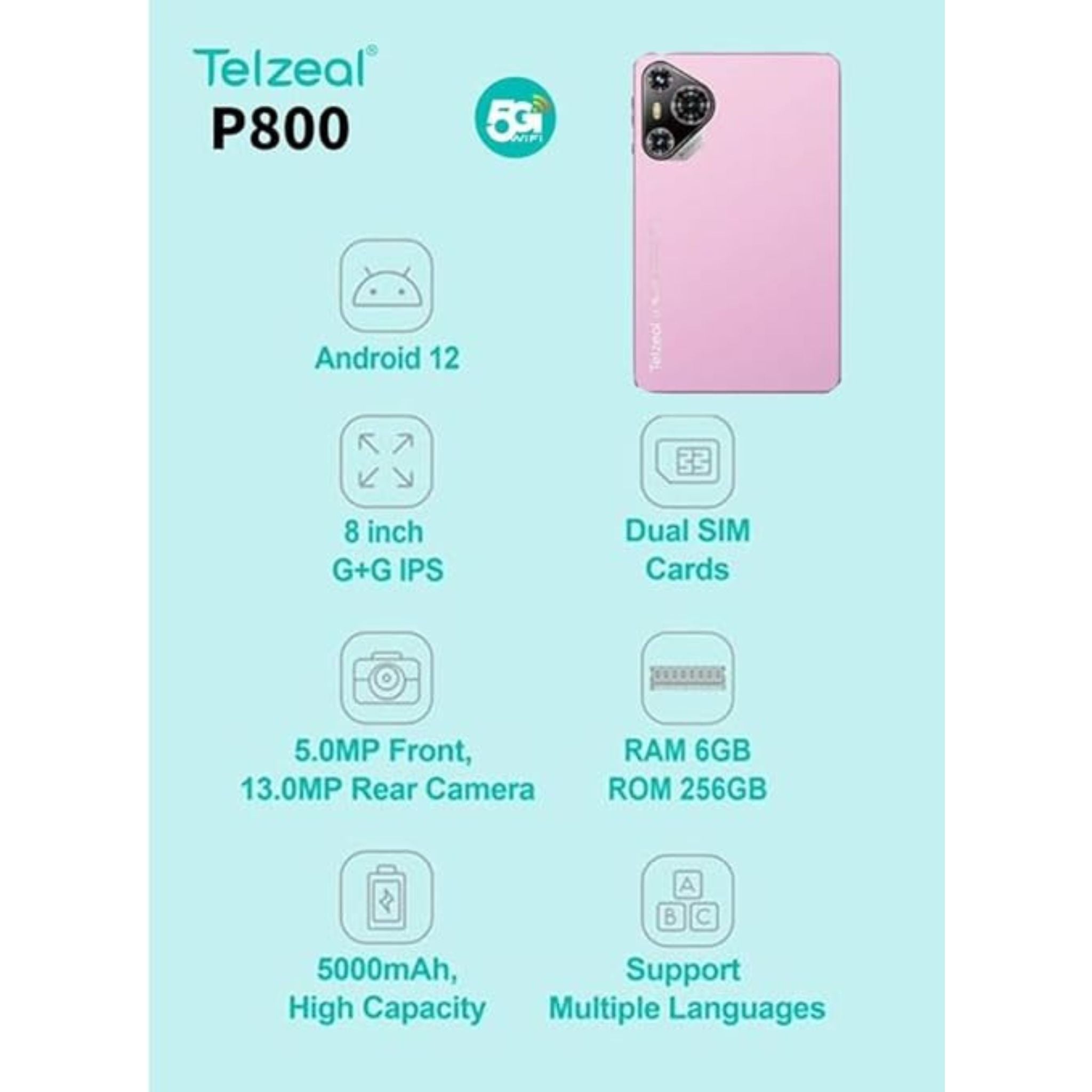 Telzeal P800 Tablet 8 Inch Android 12 Tablet with Dual SIM 6GB RAM 256GB ROM 5G WiFi 5000mAh Battery and Wireless Keyboard-Pink